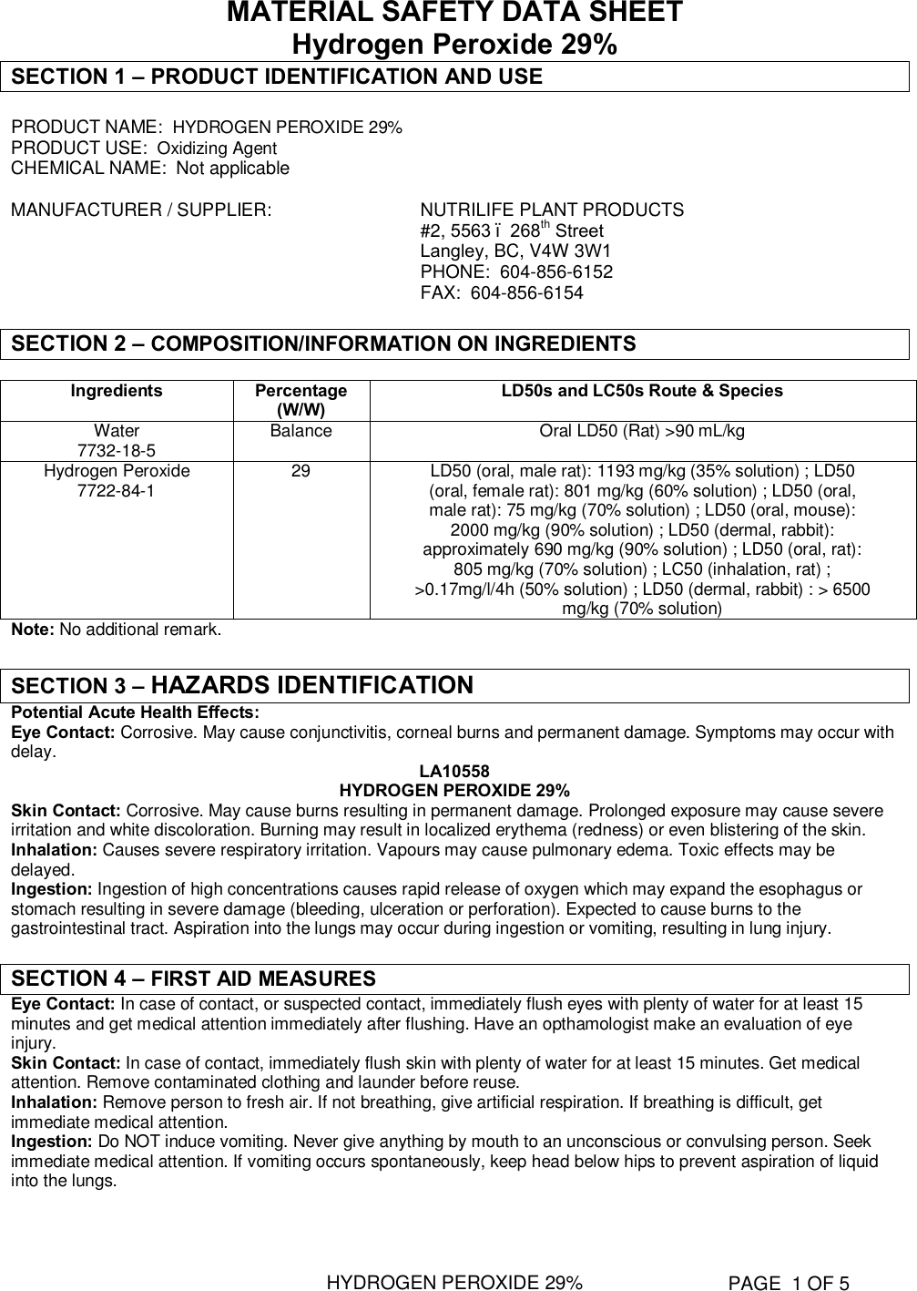 Page 1 of 5 - MSDSH2O2  Nutri Life-H2O2 MSDS