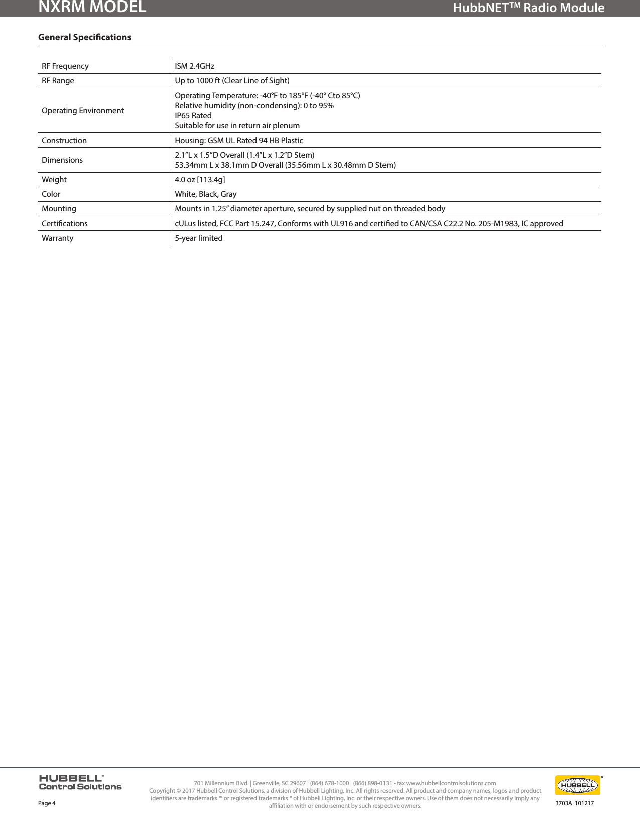 Page 4 of 4 - NX Hubb NET Radio Module Specification Sheet