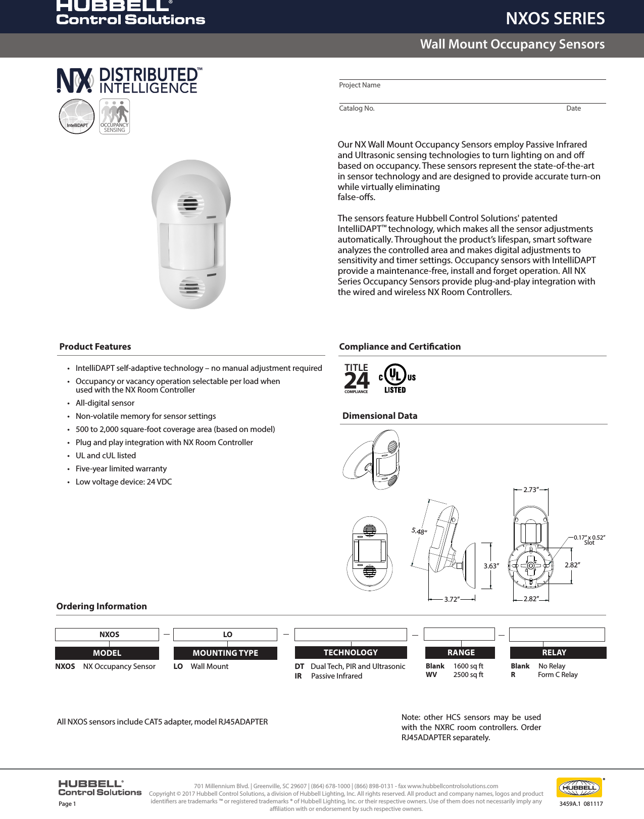 Page 1 of 2 - NX Wall Mount Occupancy Sensors Specification Sheet
