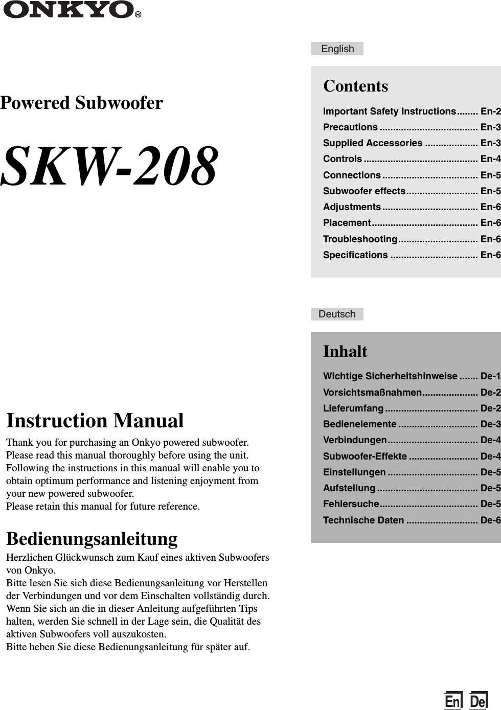 Page 1 of 12 - Onkskw208B SKW-208_EnDe User Manual