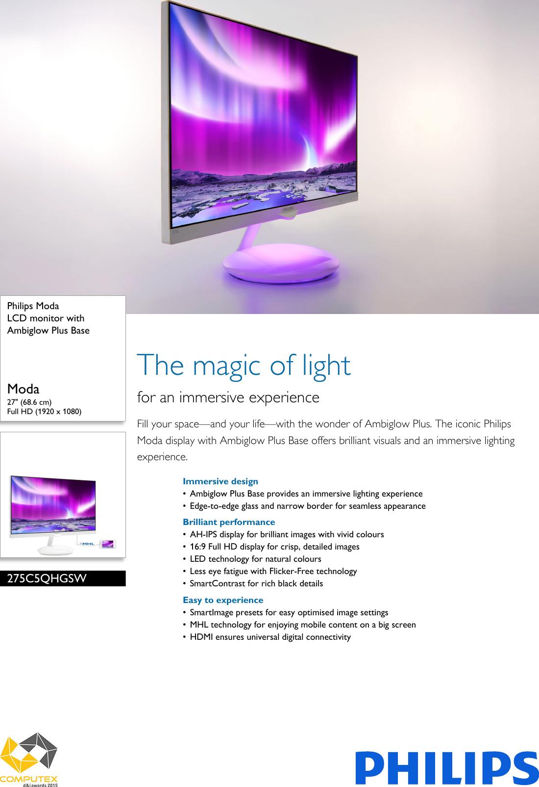 Page 1 of 3 - Phi275C5Qhgsw 275C5QHGSW/00 Philips LCD Monitor With Ambiglow Plus Base User Manual