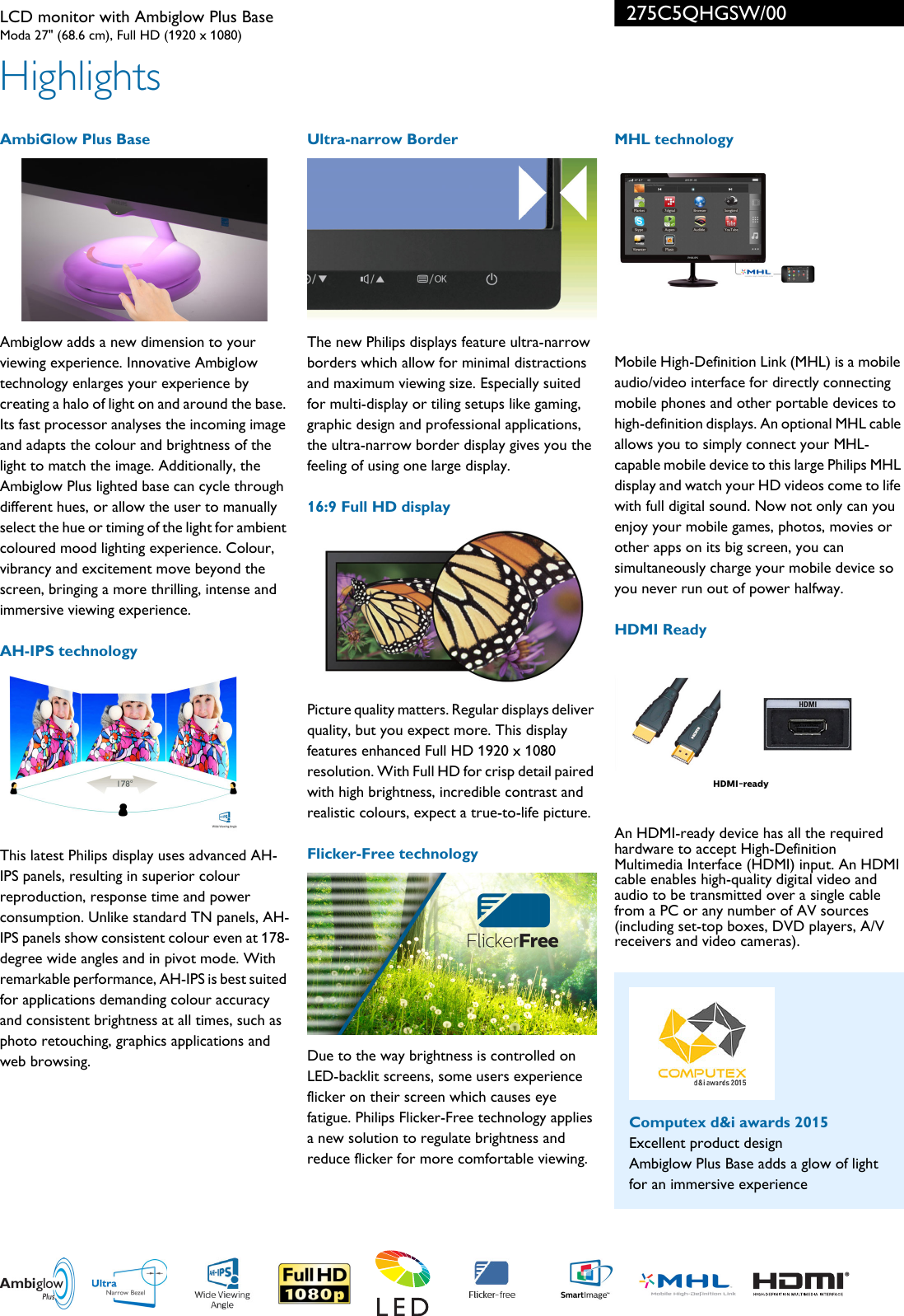 Page 2 of 3 - Phi275C5Qhgsw 275C5QHGSW/00 Philips LCD Monitor With Ambiglow Plus Base User Manual