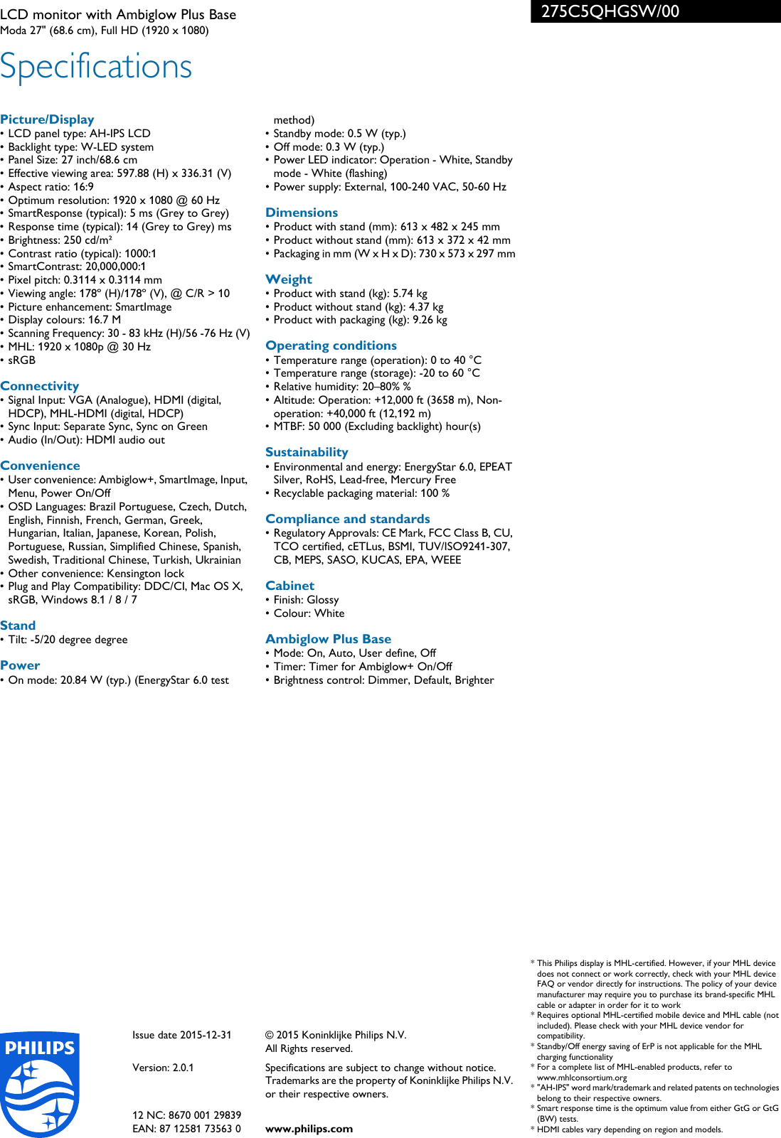Page 3 of 3 - Phi275C5Qhgsw 275C5QHGSW/00 Philips LCD Monitor With Ambiglow Plus Base User Manual