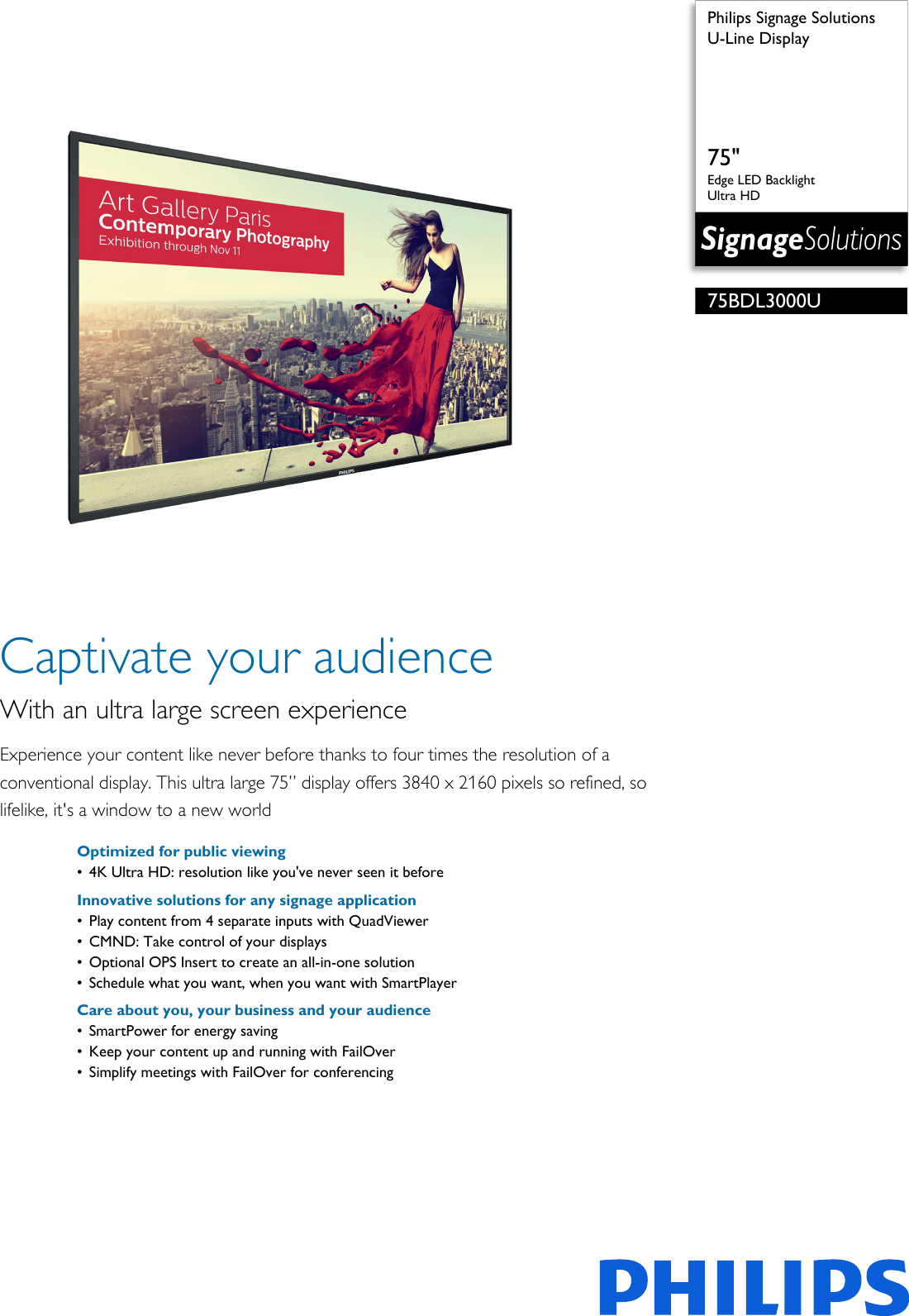 Page 1 of 3 - Phi75Bdl3000U 75BDL3000U/00 Philips U-Line Display User Manual