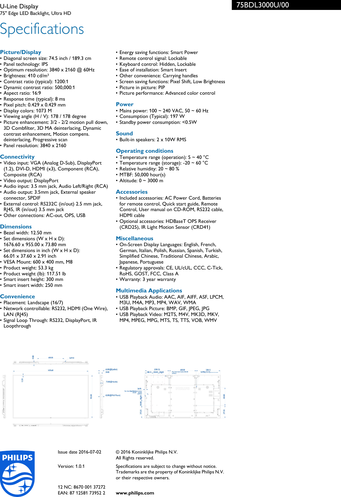 Page 3 of 3 - Phi75Bdl3000U 75BDL3000U/00 Philips U-Line Display User Manual