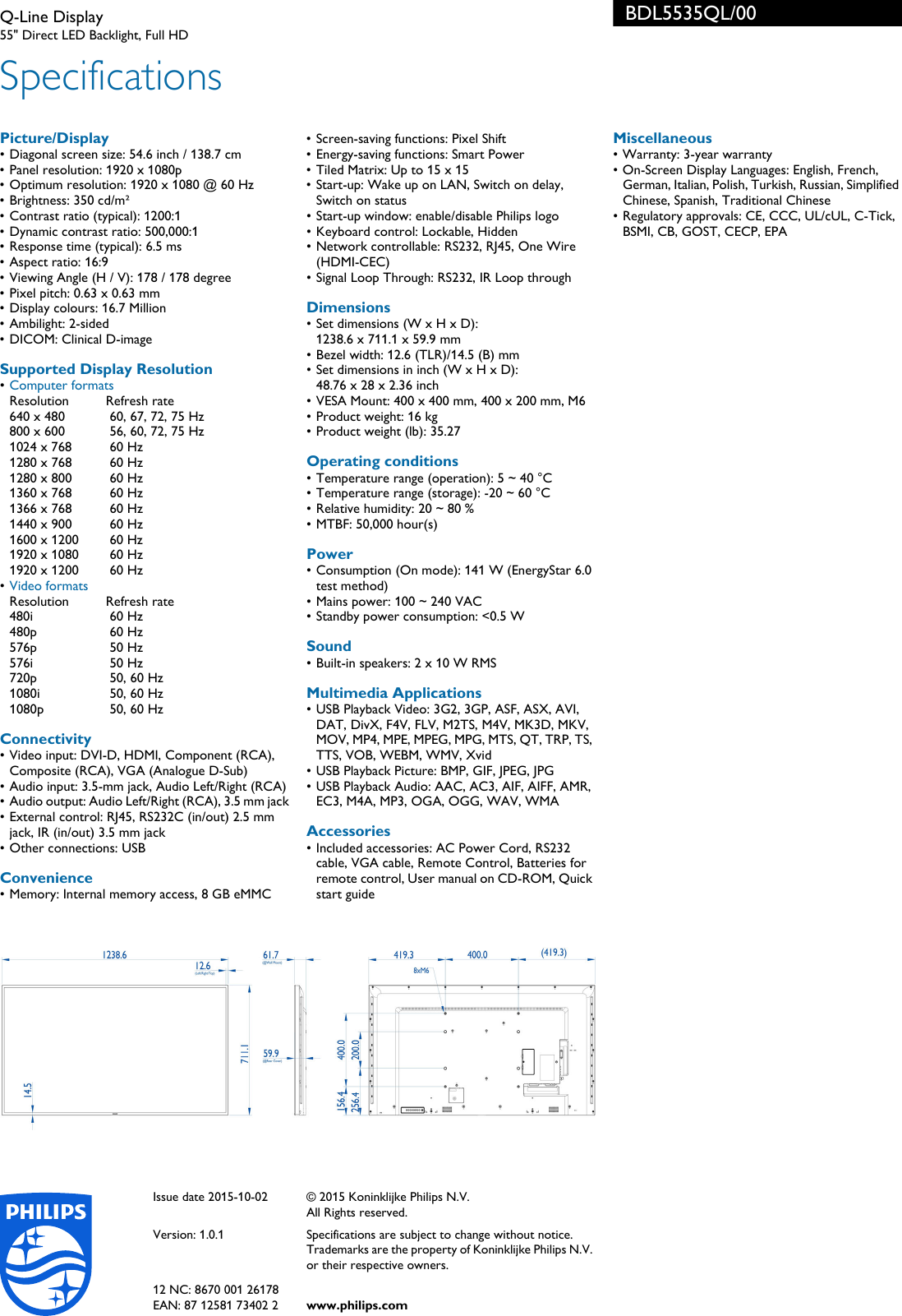 Page 3 of 3 - Philcdbdl5535Ql BDL5535QL/00 Philips Q-Line Display User Manual