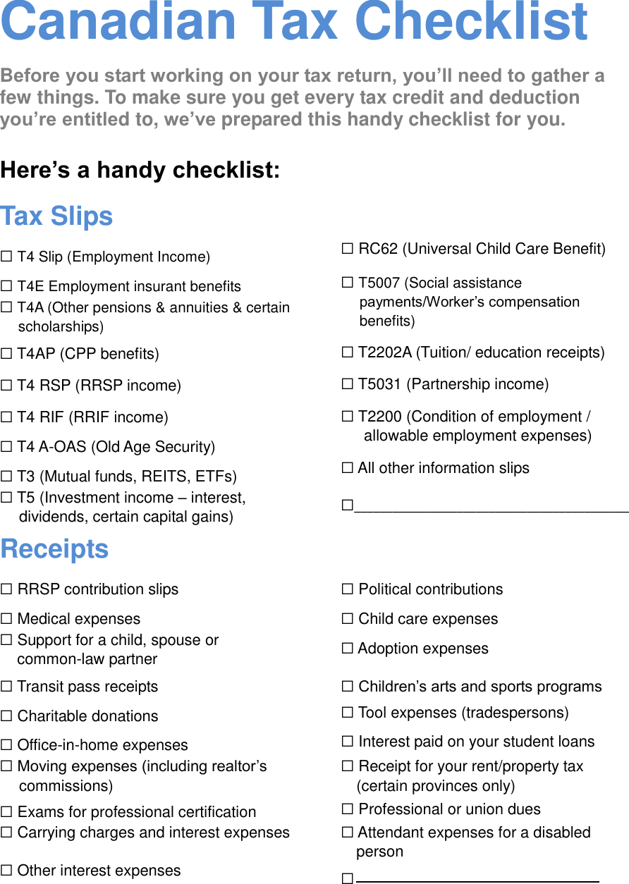 Printable Canadian Tax Checklist