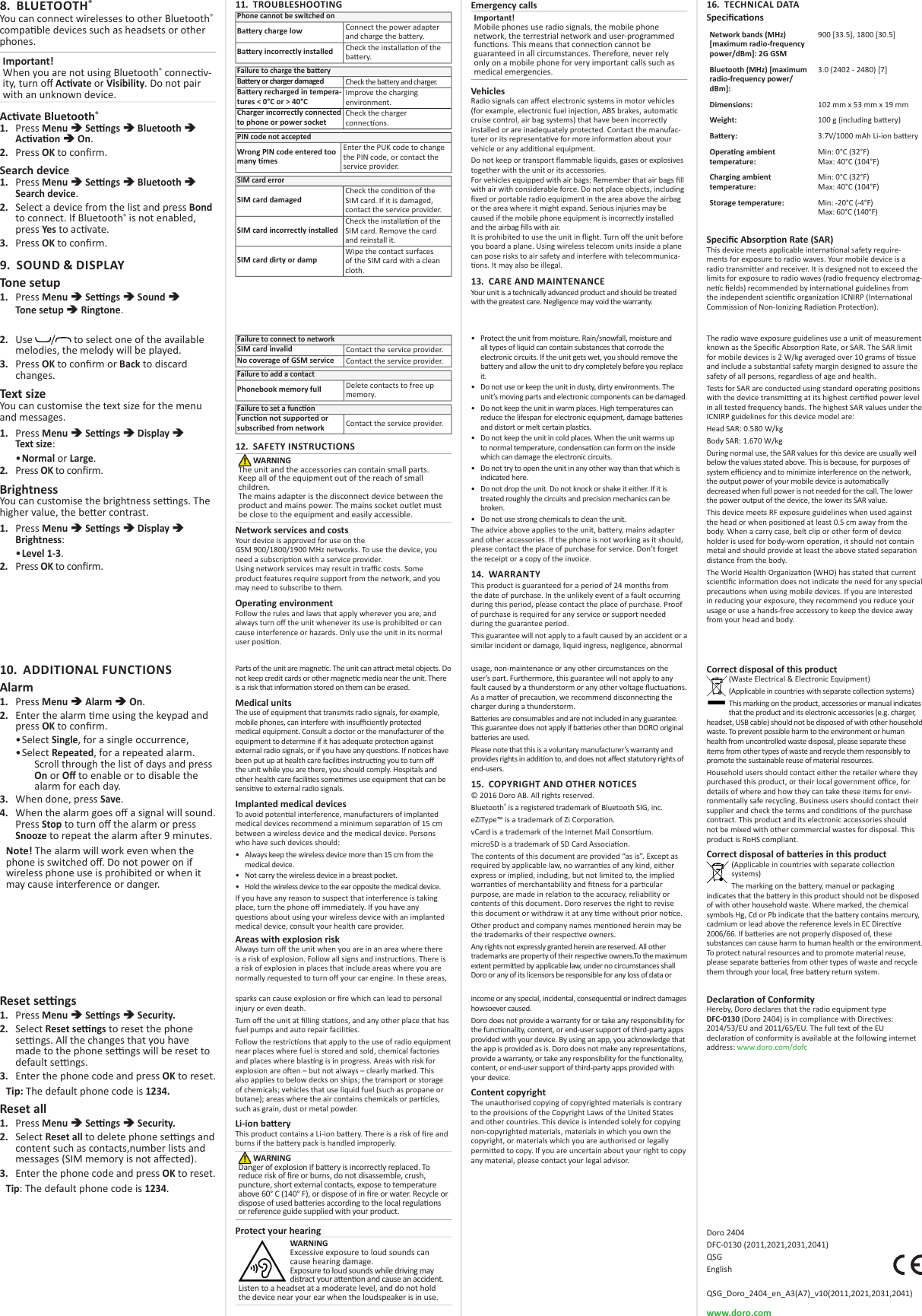 Page 2 of 2 - QSG_Doro_2404_en_A3(A7)_v10(2011,2021,2031,2041)_20170710 2404 - Quick Start Guide QSG En