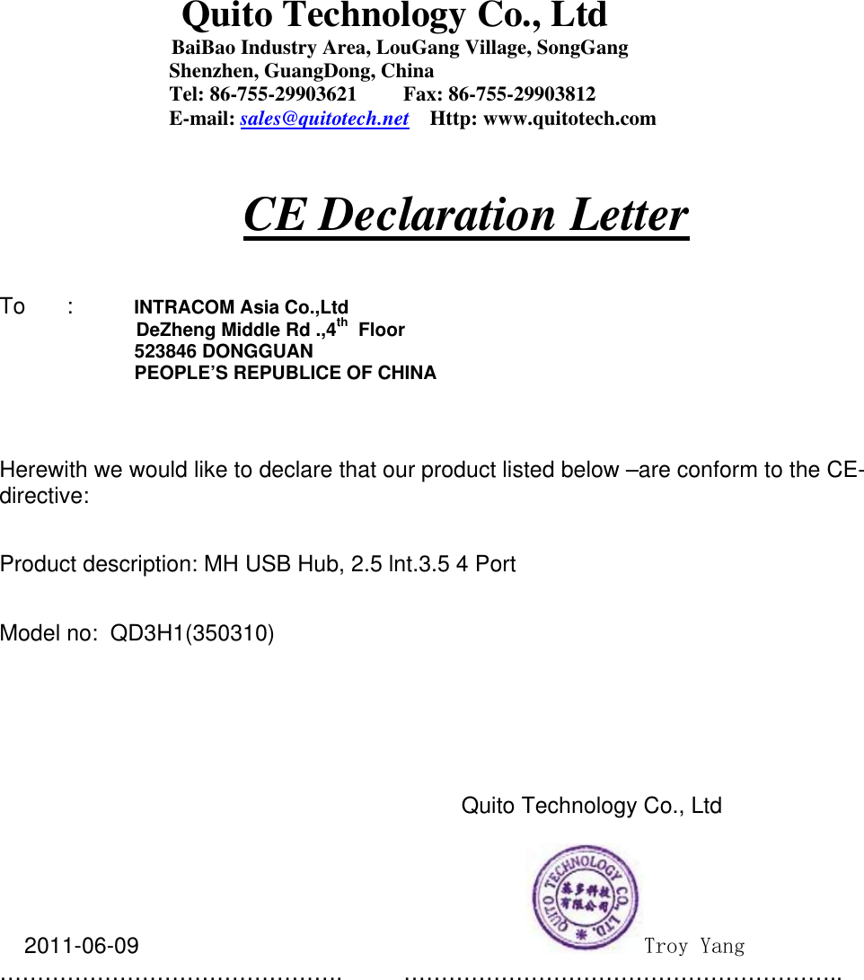 Page 1 of 1 - Dear Supplier,  QD3H1(350310) CE Declaration Letter