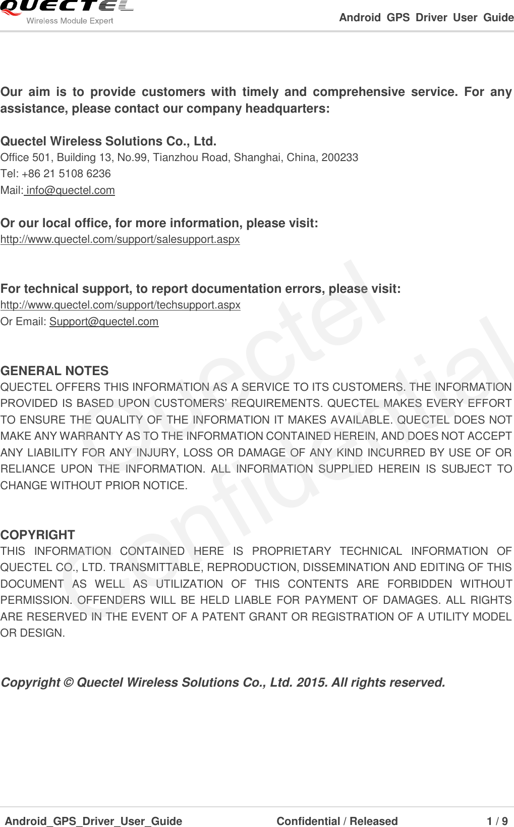 Page 2 of 10 - Quectel Android GPS Driver User Guide V1.1