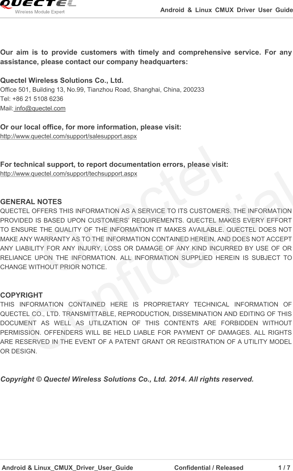 Page 2 of 8 - Quectel Android Linux CMUX Driver User Guide V1.0