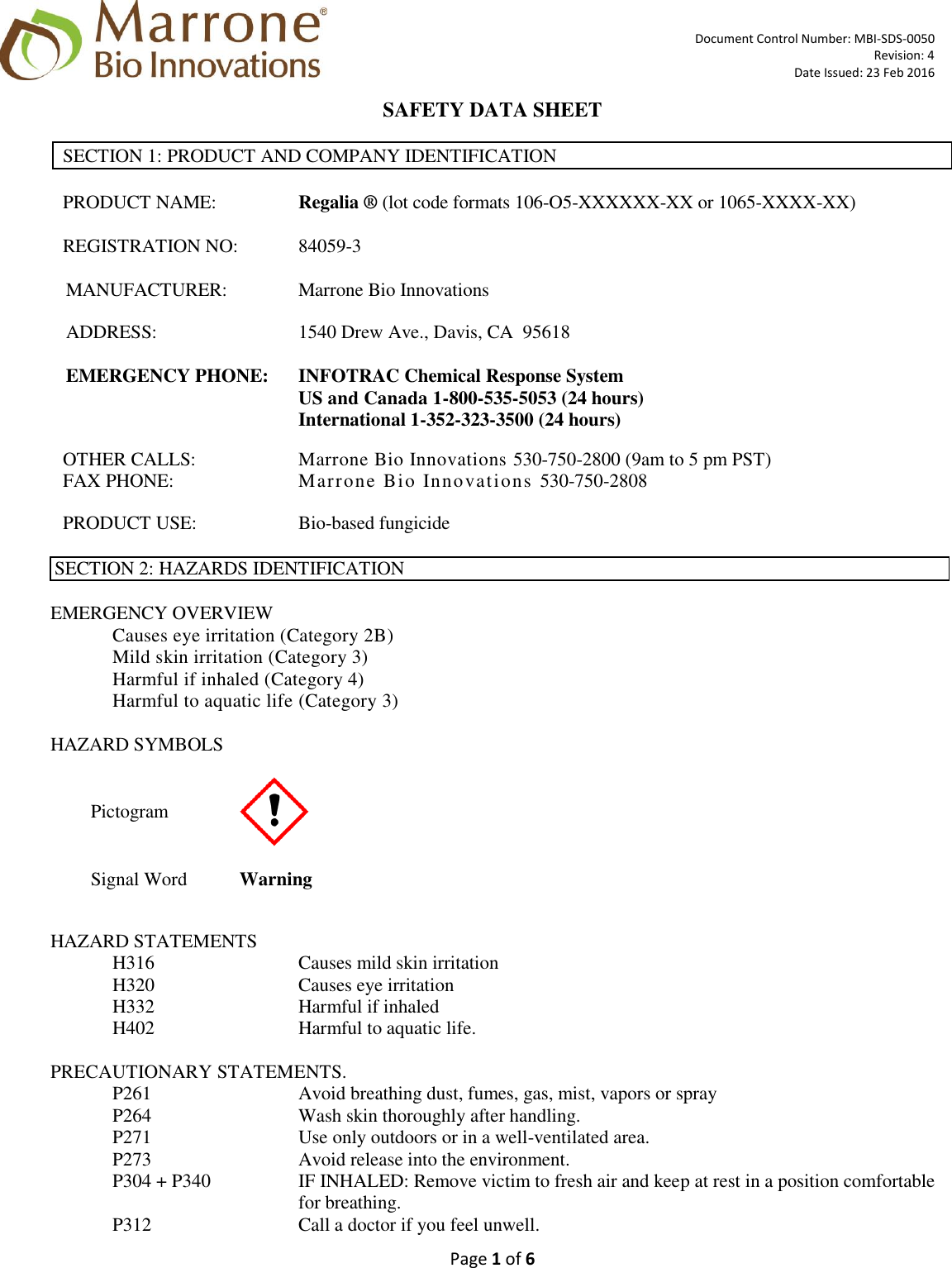 Page 1 of 6 - MATERIAL SAFETY DATA SHEET  OF X Regalia SDS