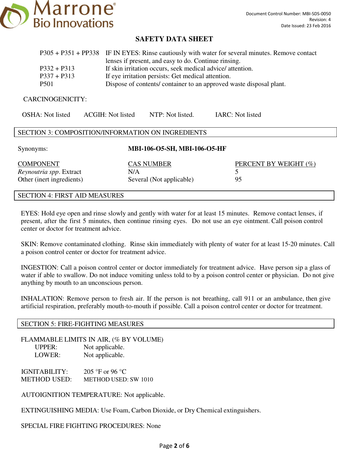 Page 2 of 6 - MATERIAL SAFETY DATA SHEET  OF X Regalia SDS