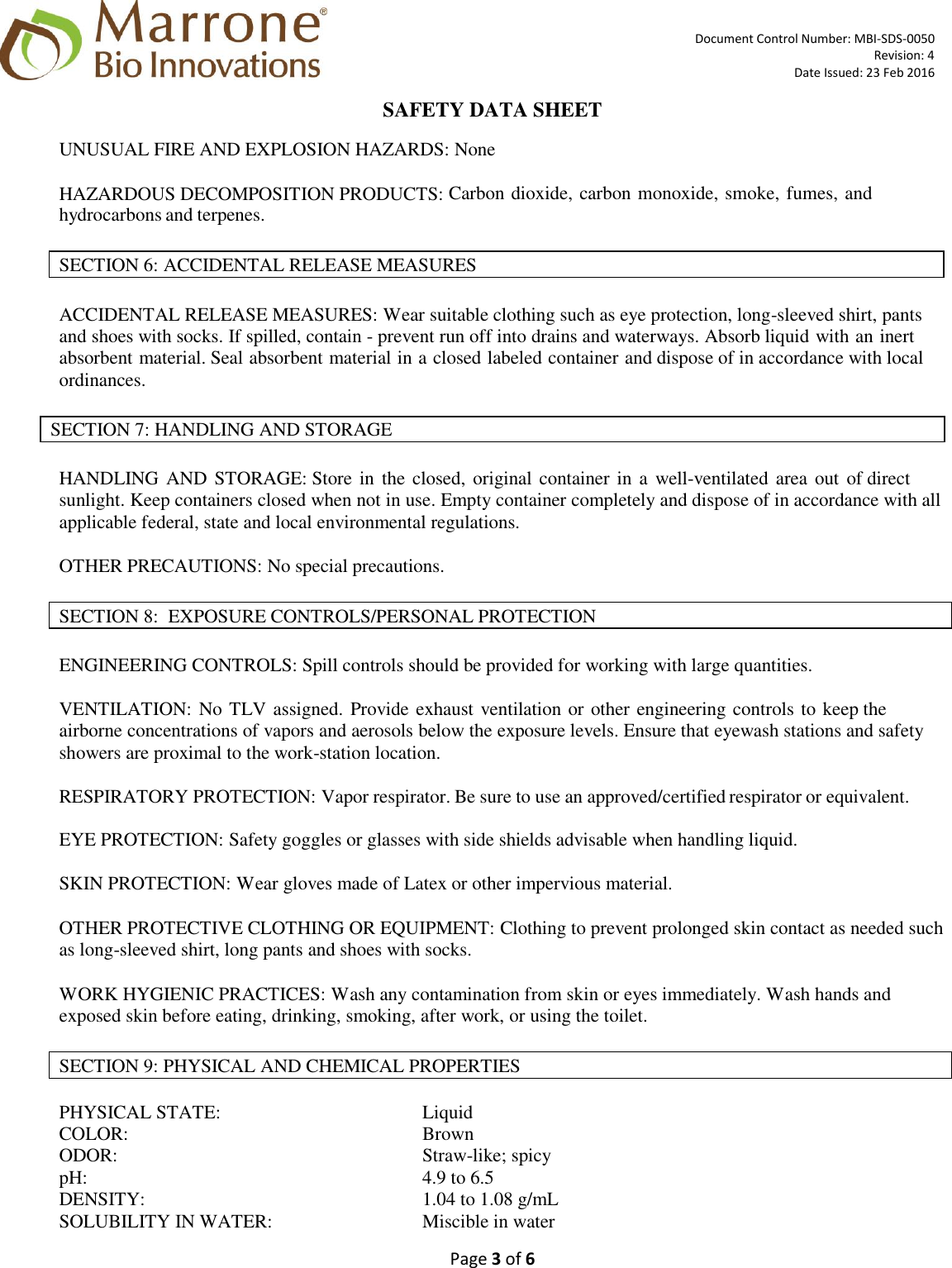 Page 3 of 6 - MATERIAL SAFETY DATA SHEET  OF X Regalia SDS