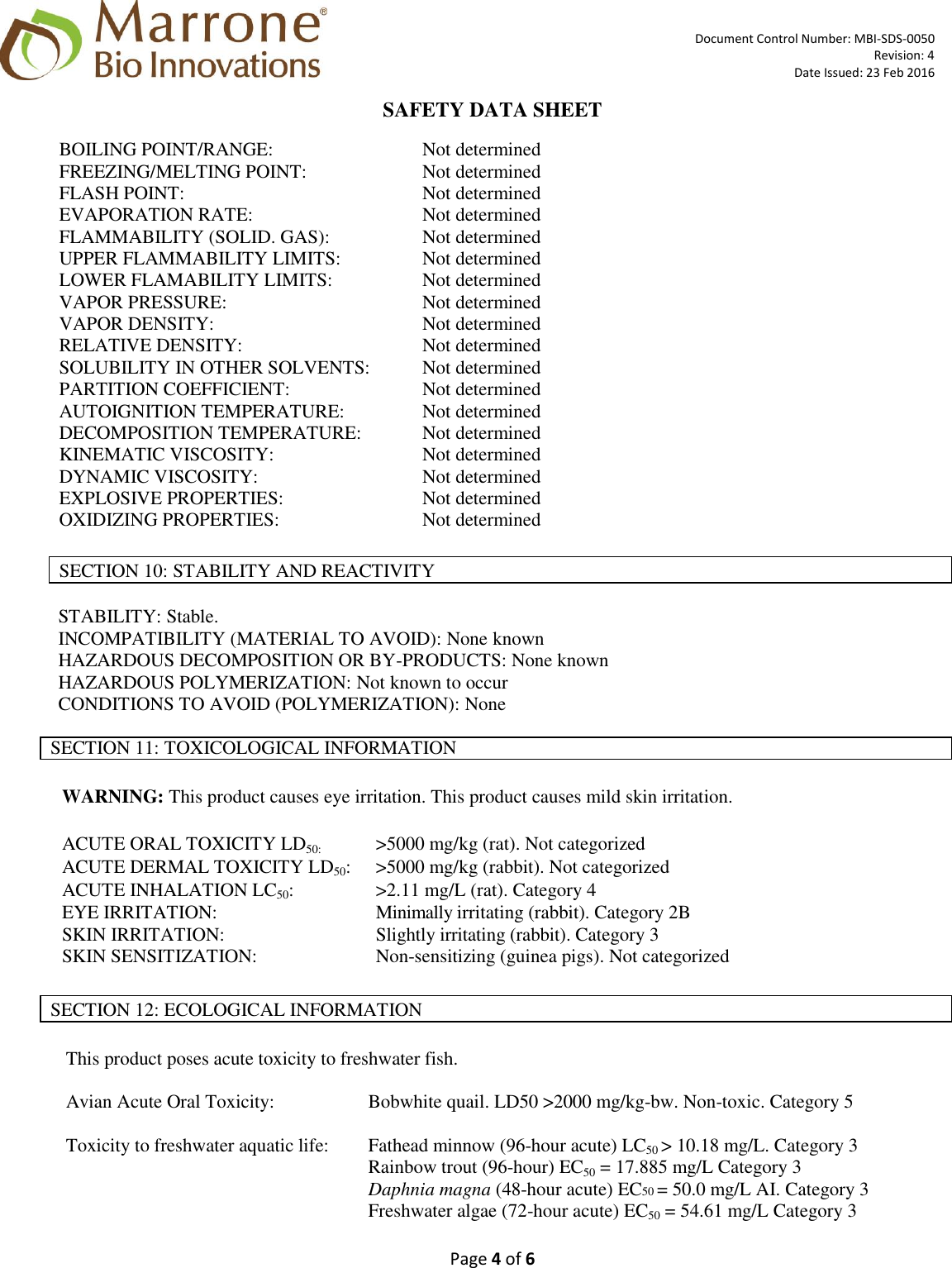 Page 4 of 6 - MATERIAL SAFETY DATA SHEET  OF X Regalia SDS