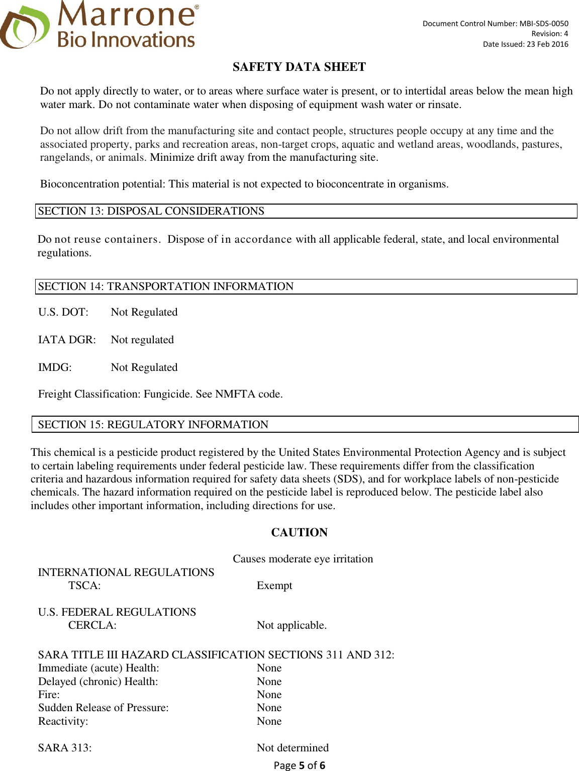 Page 5 of 6 - MATERIAL SAFETY DATA SHEET  OF X Regalia SDS