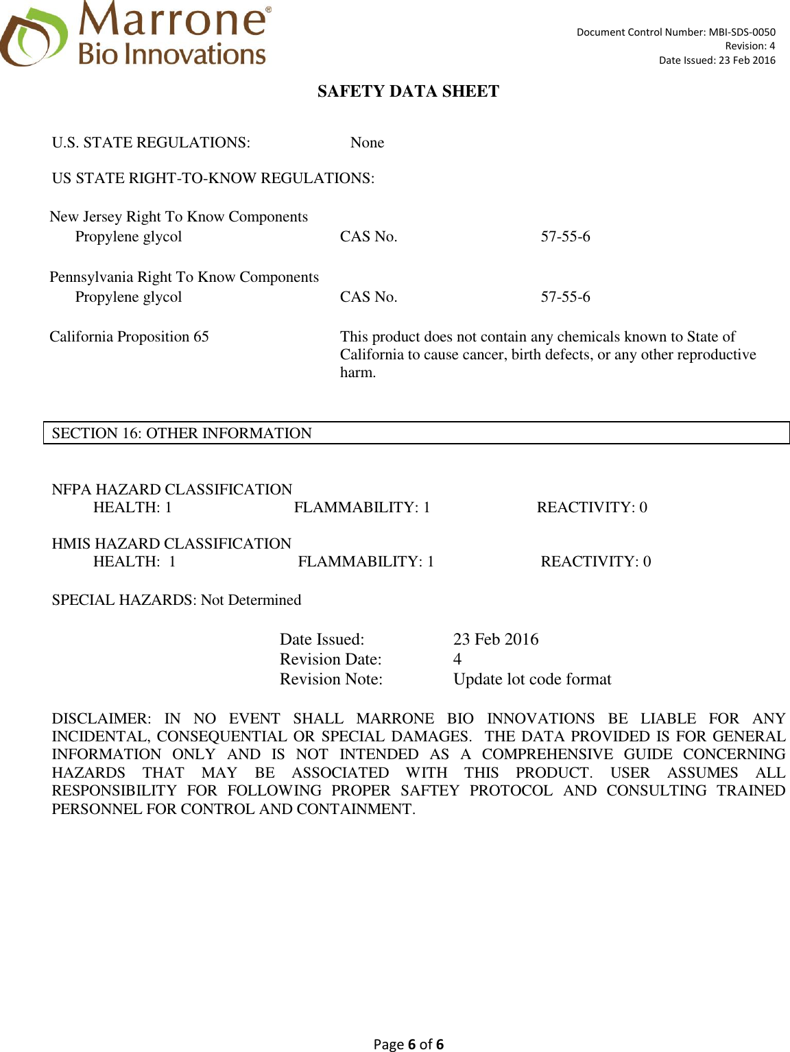 Page 6 of 6 - MATERIAL SAFETY DATA SHEET  OF X Regalia SDS