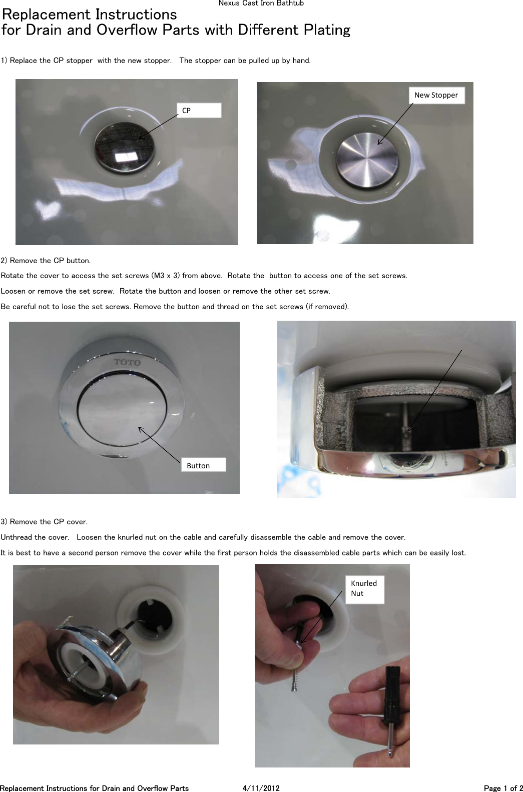 Page 1 of 2 - Replacement Instructions For Drain And Overflow Parts