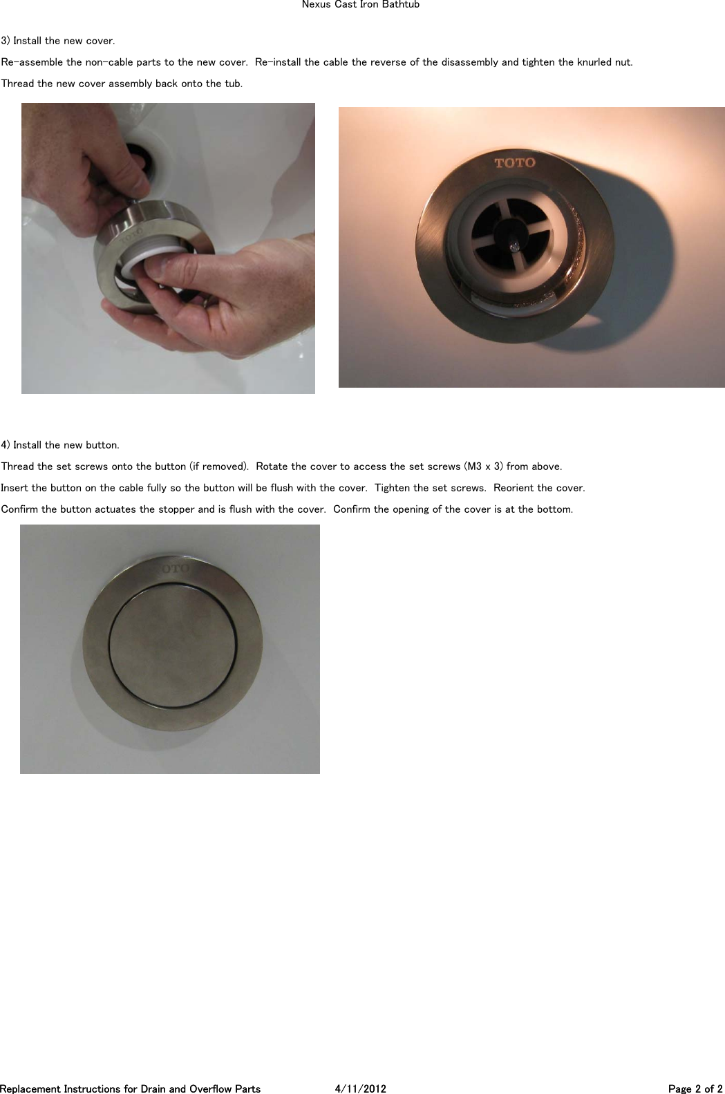 Page 2 of 2 - Replacement Instructions For Drain And Overflow Parts