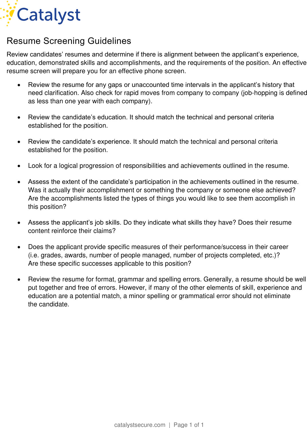 Page 1 of 1 - Resume Screening Guidelines