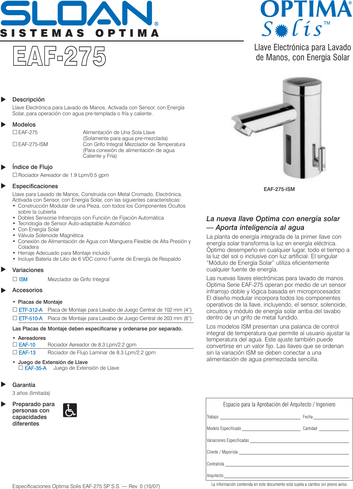 Especificaciones Del Optima Solis EAF 275 Sensor sloan corona cromo