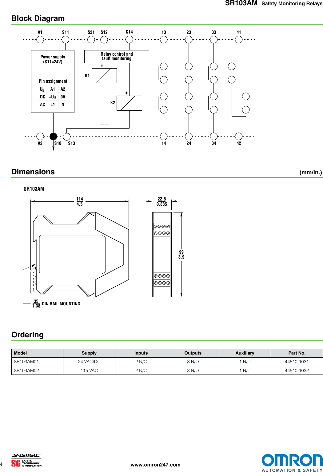 Page 4 of 6 - SR103AM Dual Channel Safety Monitoring Relay Data Sheet Datasheet En 201408 J52I-E-01