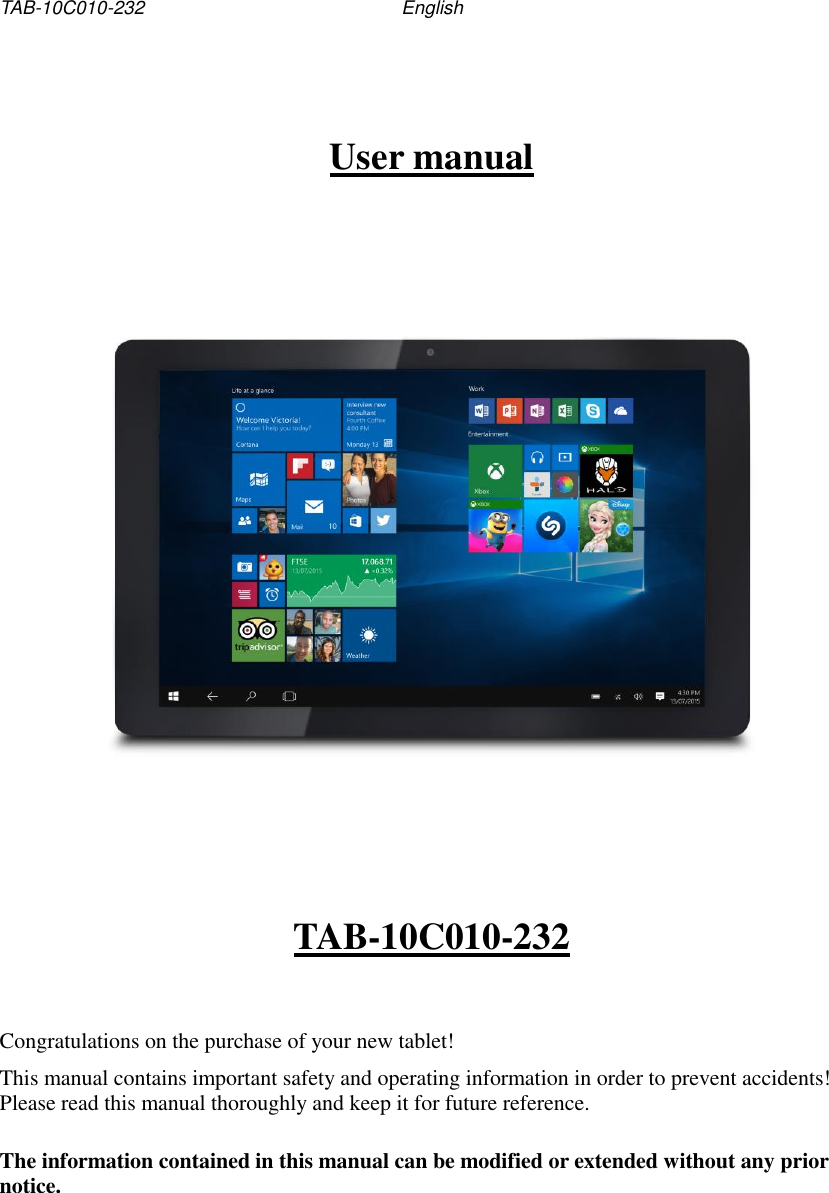 Page 1 of 10 - Intel Tablet PC TAB-10C010-232 - User Manual (EN)