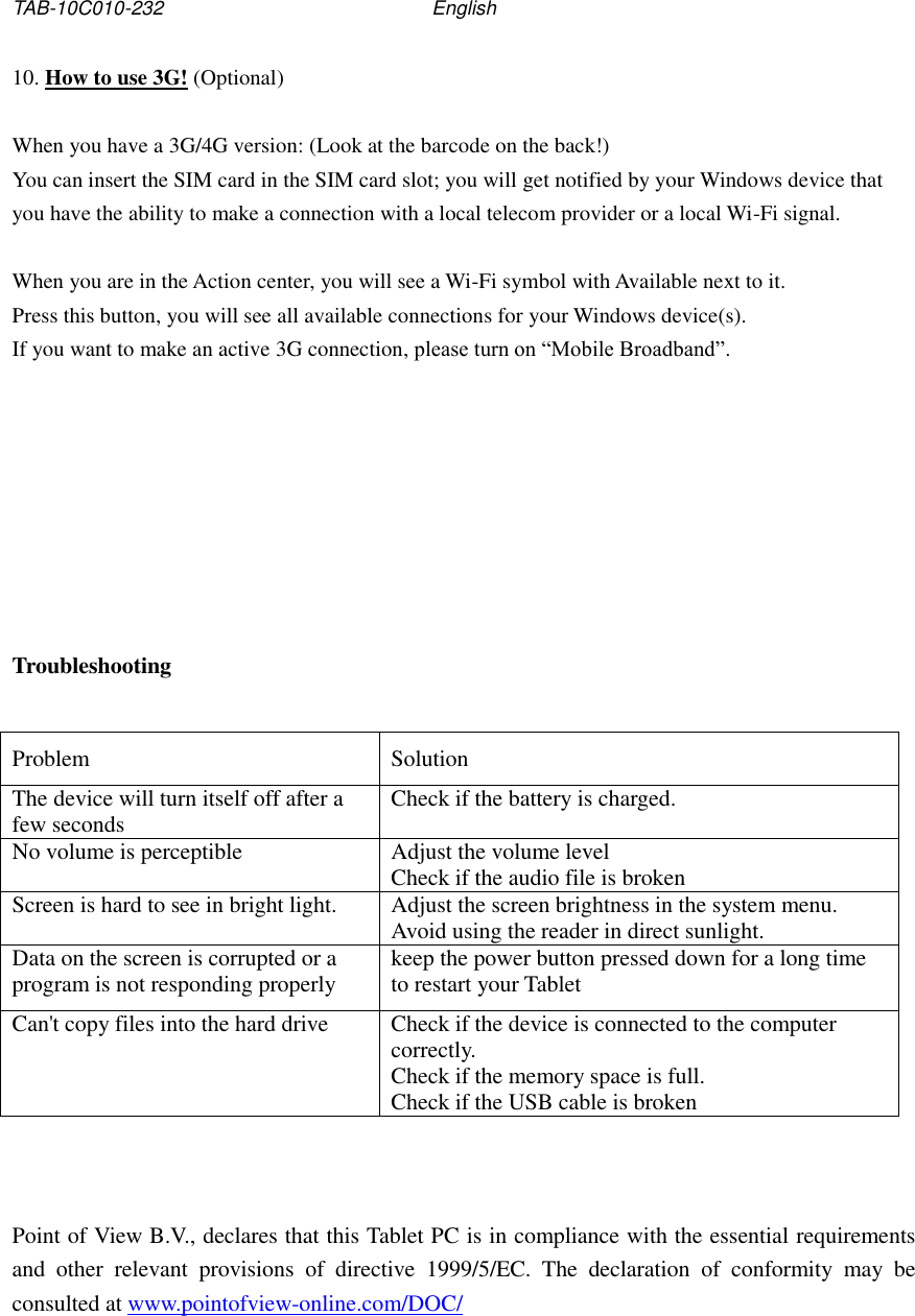 Page 10 of 10 - Intel Tablet PC TAB-10C010-232 - User Manual (EN)