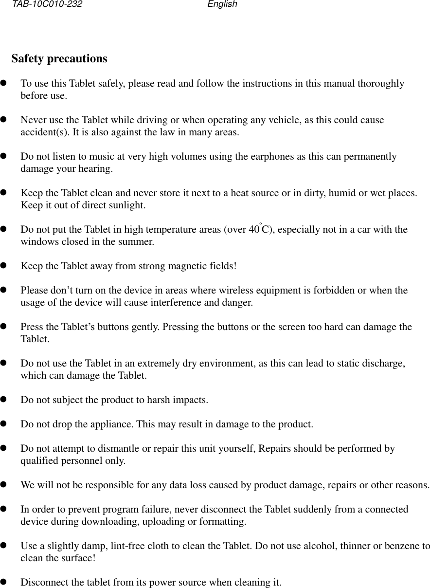 Page 2 of 10 - Intel Tablet PC TAB-10C010-232 - User Manual (EN)