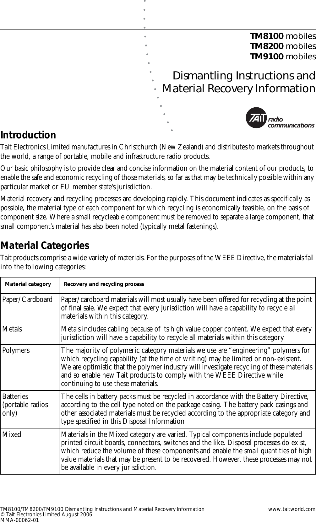 Page 1 of 8 - TM8100/TM8200/TM9100 Dismantling Instructions And Material Recovery Information TM8000/TM Series Informa/TM Inf TM