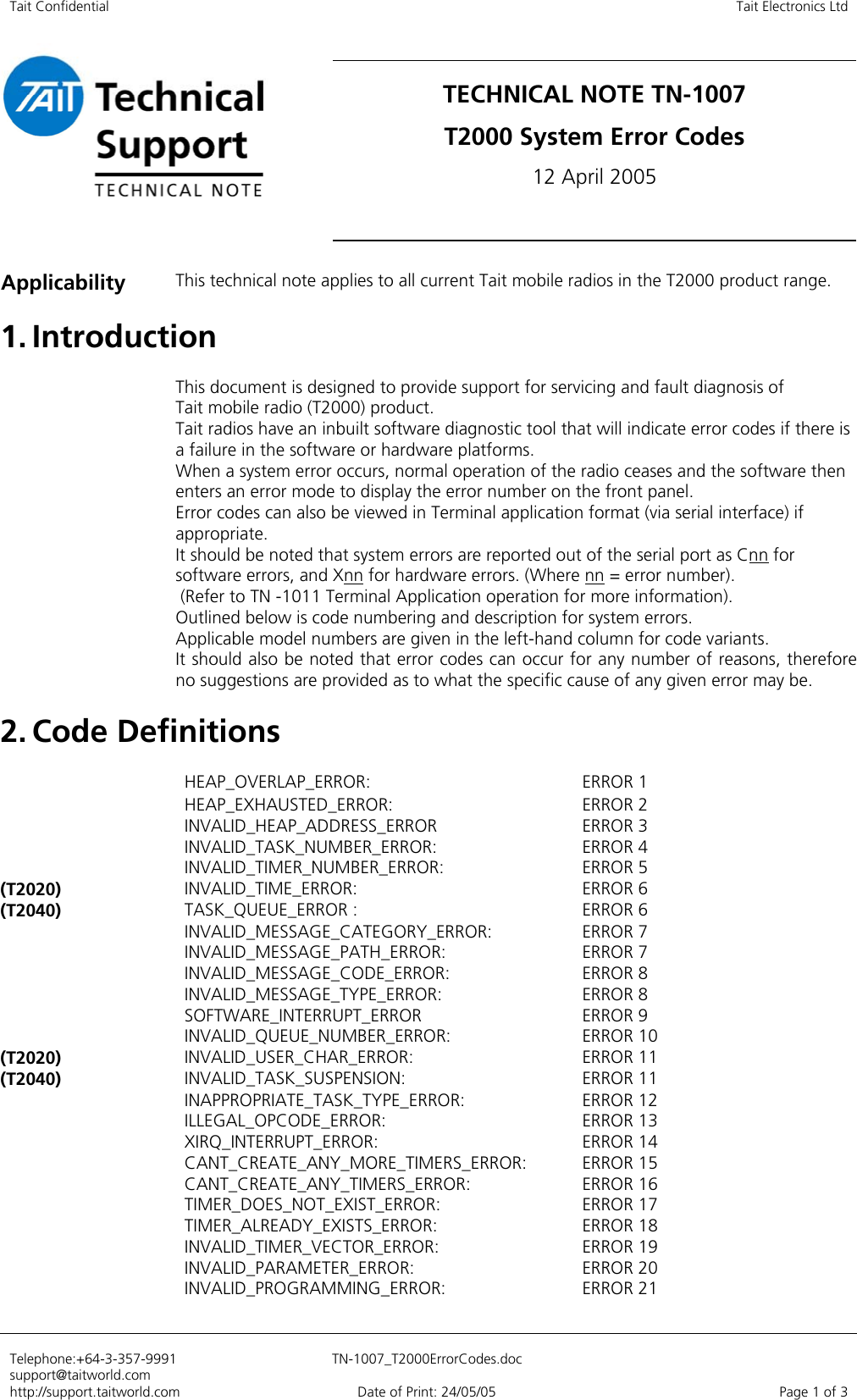 Page 1 of 3 - Introduction TECHNOTE/TN-1007_T2000Error Codes TN-1007 T2000Error