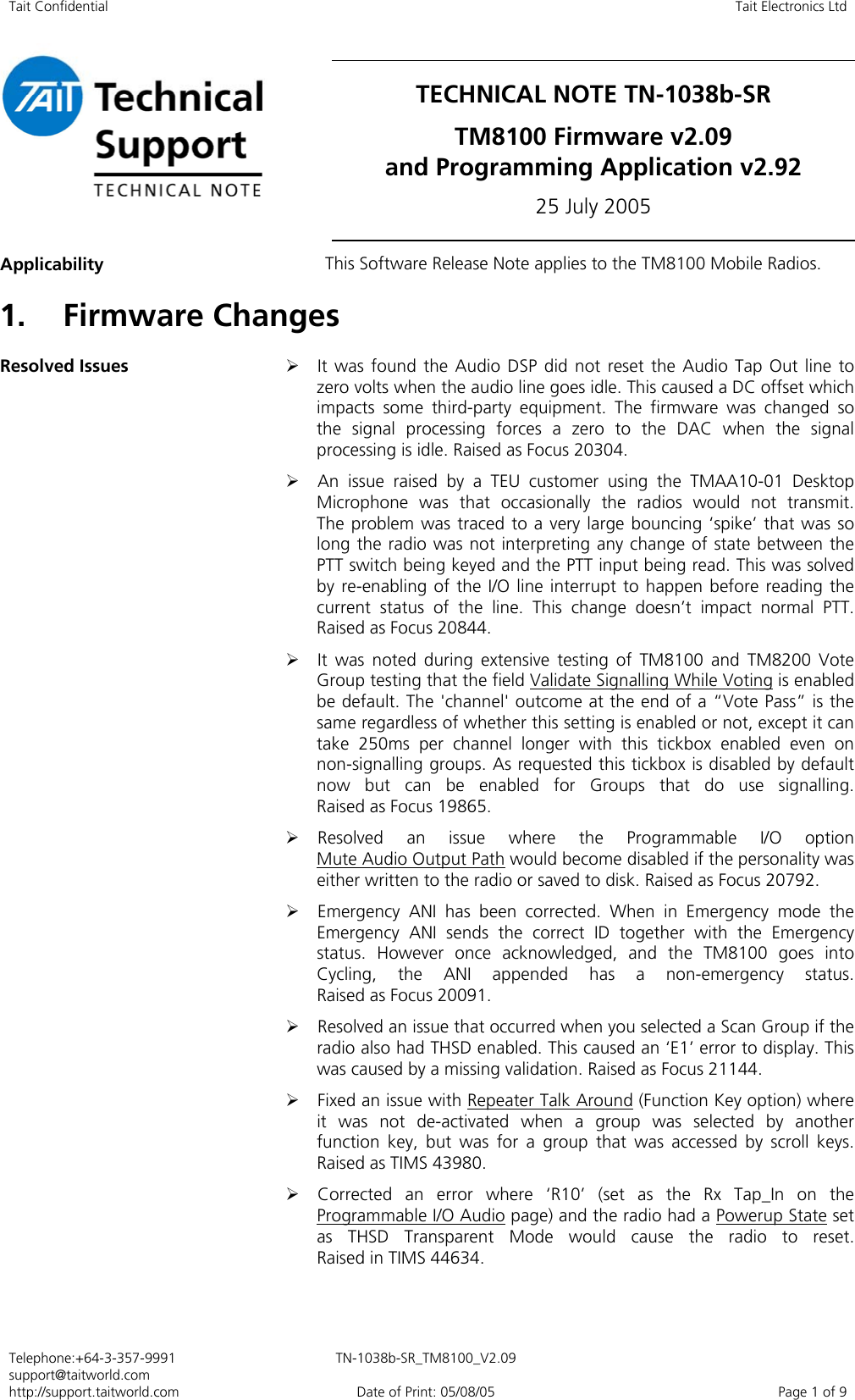 Page 1 of 9 - TECHNOTE/TM8000/TN-1038b_SR_TM8100 Firmware V2.09 And Programming Applicatio TN-1038b SR TM8100