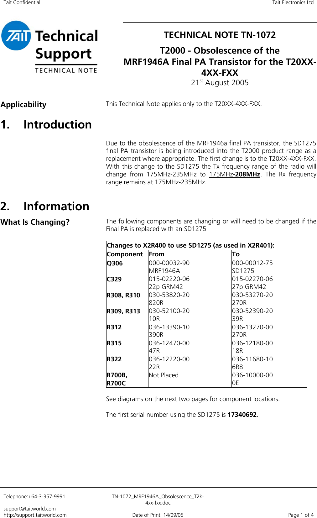 Page 1 of 4 - TECHNOTE/TN-1072_MRF1946A_Obsolescence_T2k-4xx-fxx TN-1072 MRF1946A Obsolescence T2k-4xx-fxx