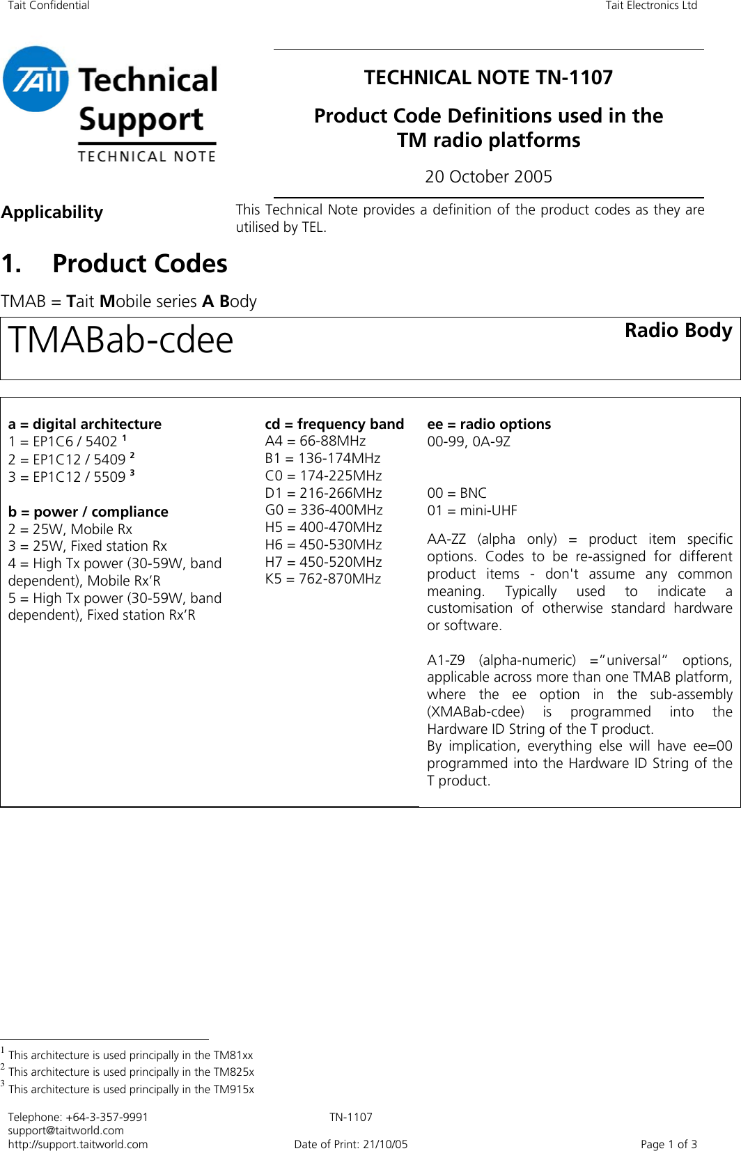 Technote Tn 1107 Product Code Definitions Used In The Tm Radio Platforms Tn