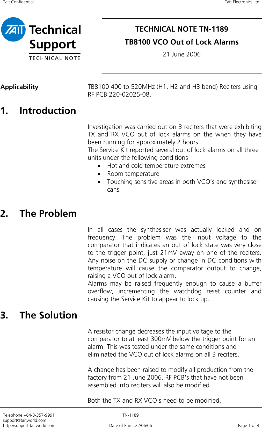 Page 1 of 4 - Introduction. TB8100 Tech Notes/Tech Notes/TN-1189 VCO Out Of Lock Alarms TN-1189