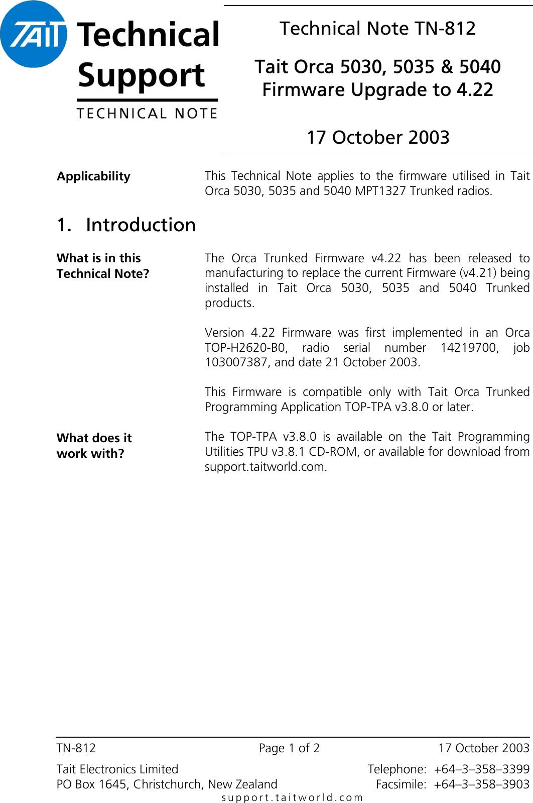 Page 1 of 2 - TN-812 Tait Orca 5030, 5035, 5040 Firmware Upgrade To 4.22. TECHNOTE/T5000/TN-812_Tait