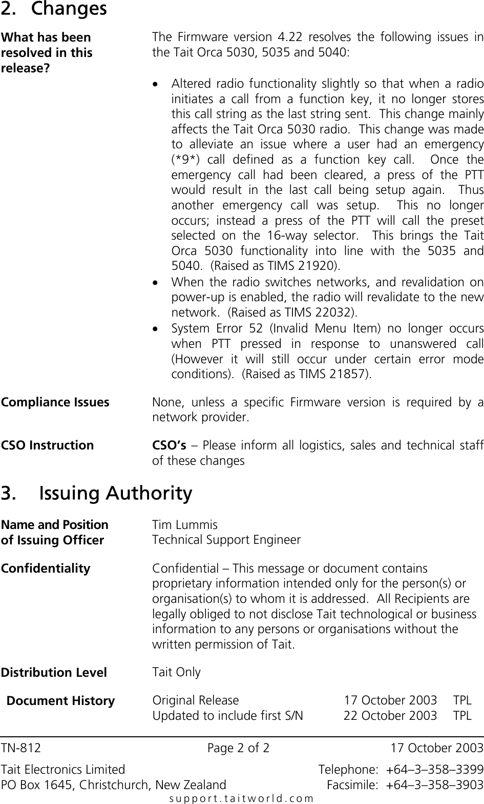 Page 2 of 2 - TN-812 Tait Orca 5030, 5035, 5040 Firmware Upgrade To 4.22. TECHNOTE/T5000/TN-812_Tait