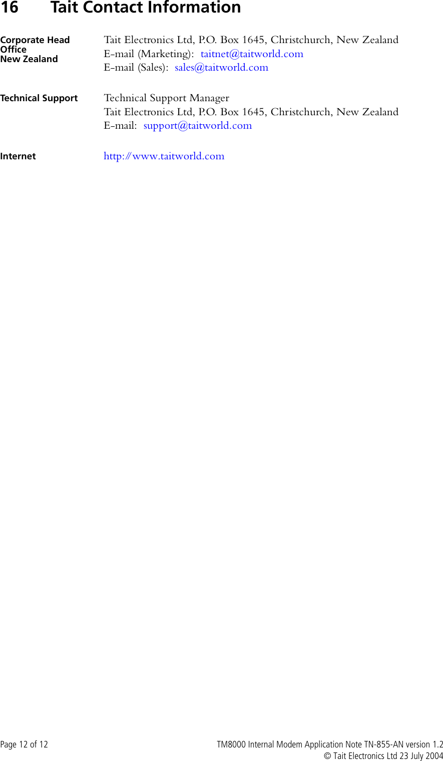 Page 12 of 12 - TM8000 Internal Modem TECHNOTE/TM8000/TN-855a-AN - Application Note Version  TN-855a-AN