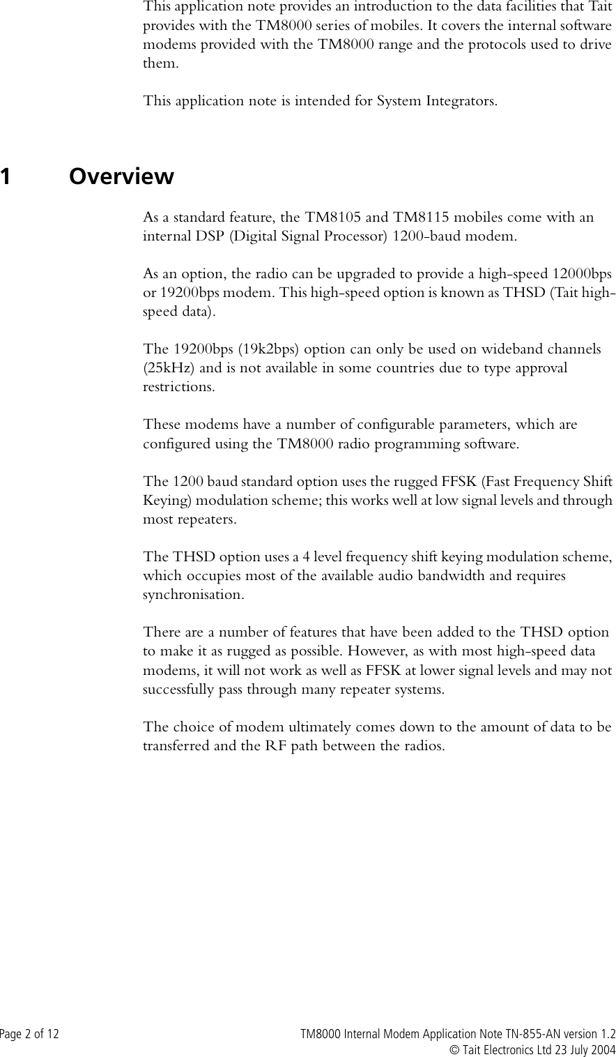 Page 2 of 12 - TM8000 Internal Modem TECHNOTE/TM8000/TN-855a-AN - Application Note Version  TN-855a-AN