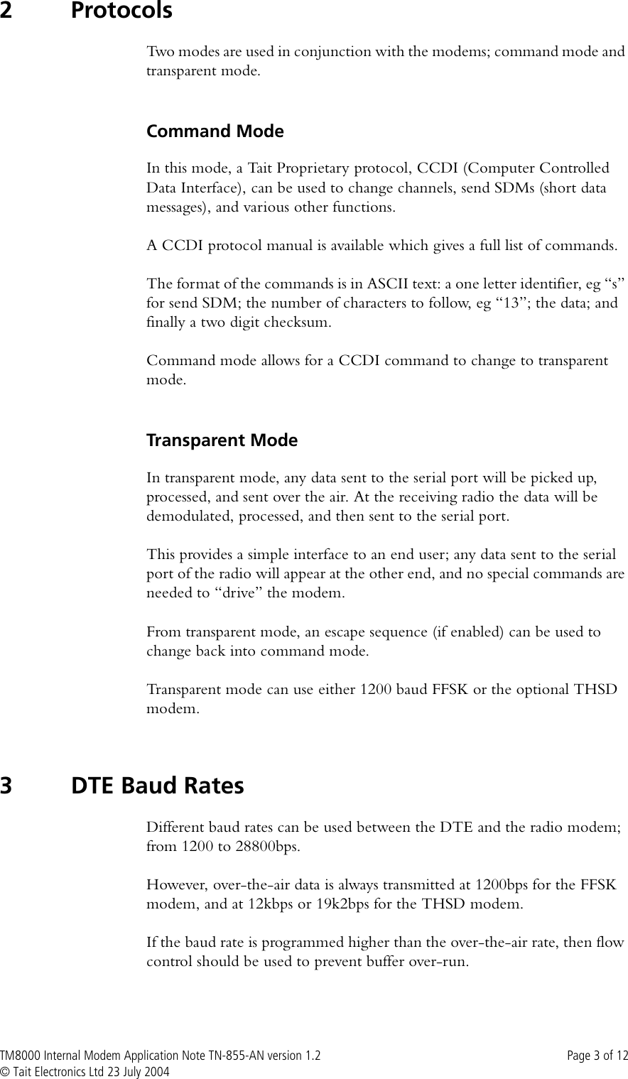 Page 3 of 12 - TM8000 Internal Modem TECHNOTE/TM8000/TN-855a-AN - Application Note Version  TN-855a-AN