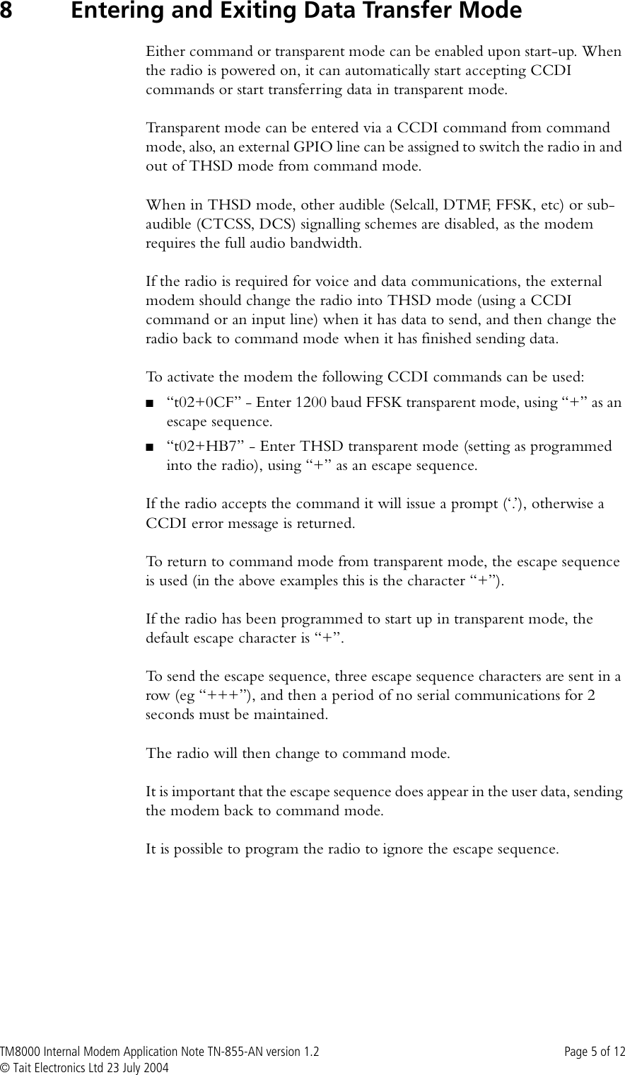 Page 5 of 12 - TM8000 Internal Modem TECHNOTE/TM8000/TN-855a-AN - Application Note Version  TN-855a-AN