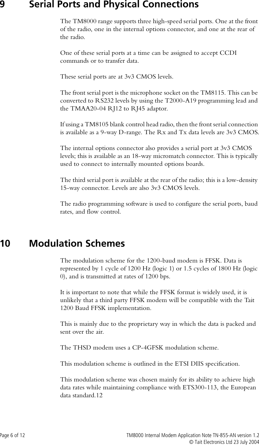 Page 6 of 12 - TM8000 Internal Modem TECHNOTE/TM8000/TN-855a-AN - Application Note Version  TN-855a-AN