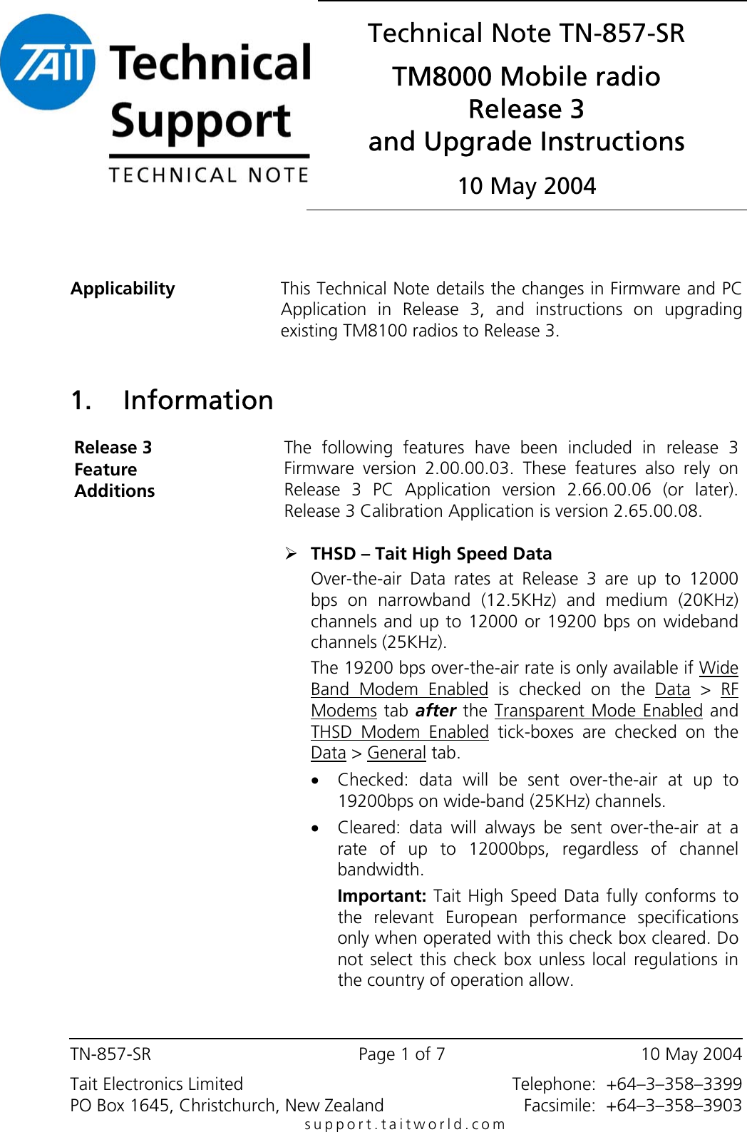 Page 1 of 7 - TECHNOTE/TM8000/TN-857b SR_TM8000 Release 3 And Upgrade Instructions TN-857b SR TM8000