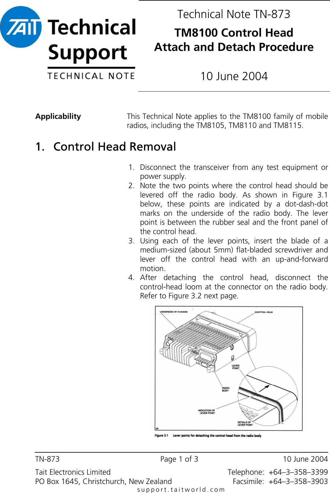 Page 1 of 3 - TECHNOTE/TM8000/TN-873_TM8100_Control_Head_Attach_and_Detach_Procedure TN-873 TM8100 Control Head Attach And Detach Procedure