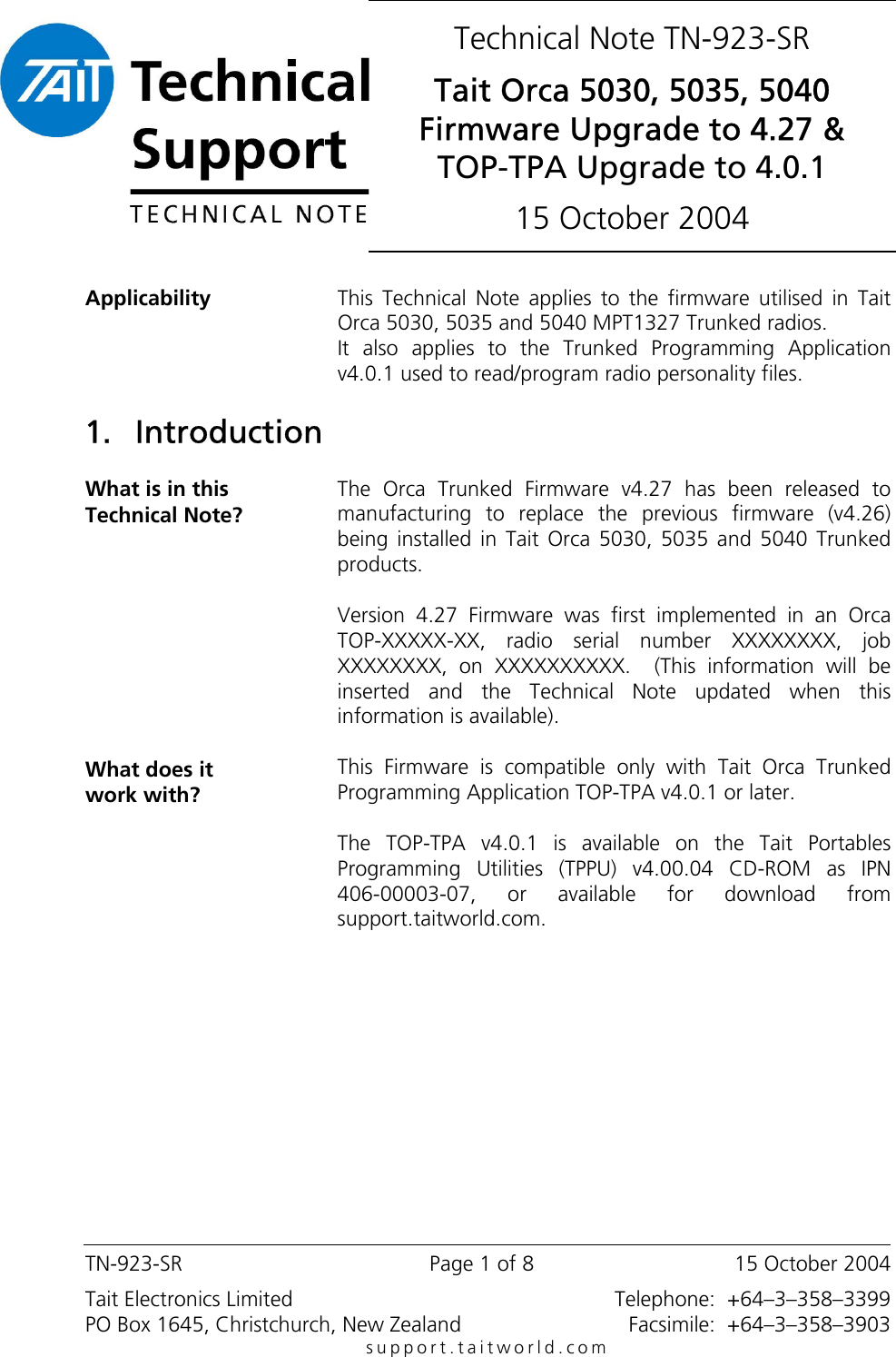 Page 1 of 8 - TN-823-SR_Orca_5000_Firmware_4_27_TOP_TPA_4_X_X TECHNOTE/TN-923-SR - Tait Orca 4030, 5035, 5040 Firmware Upgrade To 4.27 & TOP-TPA 4.0.1 TN-923-SR