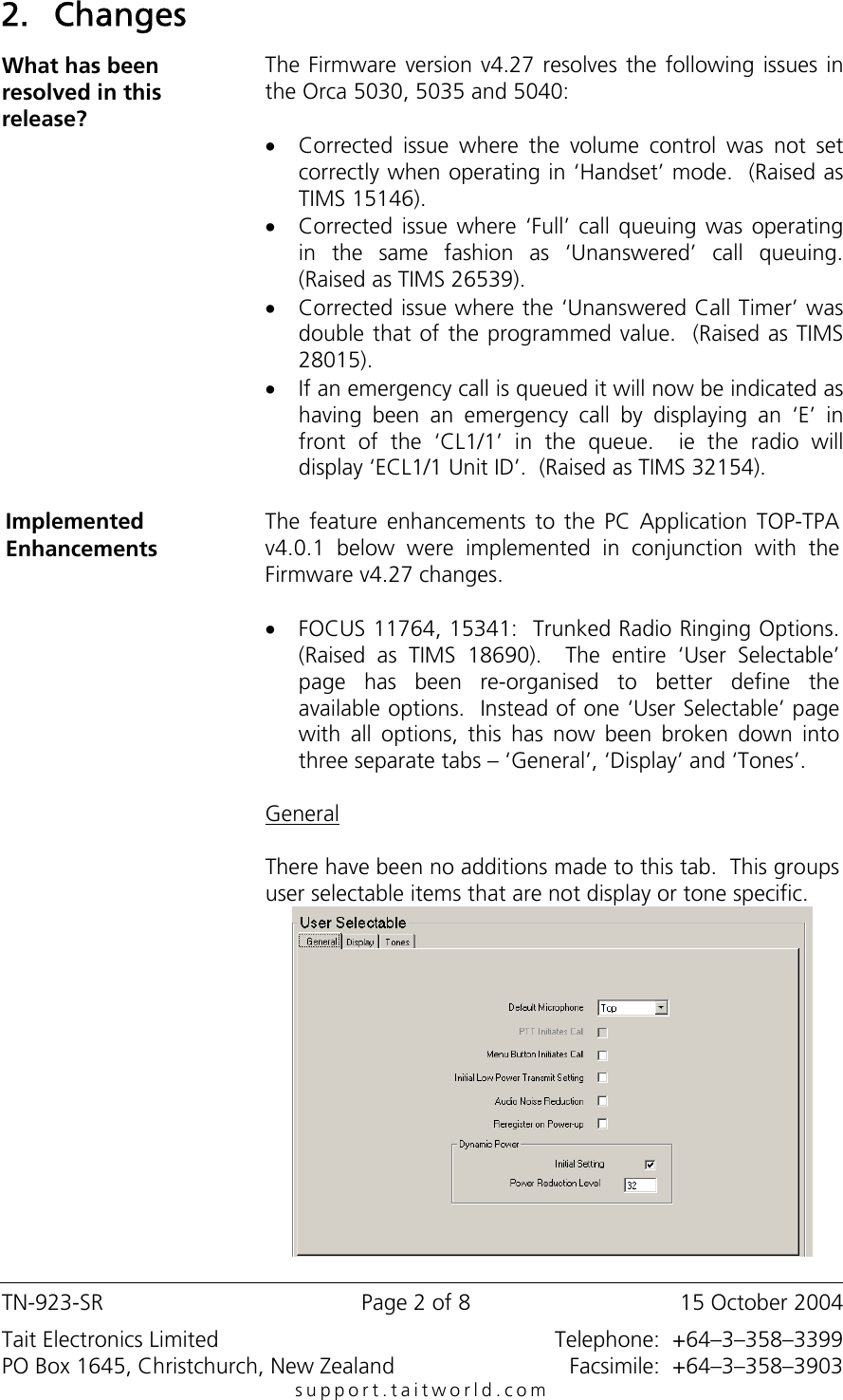 Page 2 of 8 - TN-823-SR_Orca_5000_Firmware_4_27_TOP_TPA_4_X_X TECHNOTE/TN-923-SR - Tait Orca 4030, 5035, 5040 Firmware Upgrade To 4.27 & TOP-TPA 4.0.1 TN-923-SR