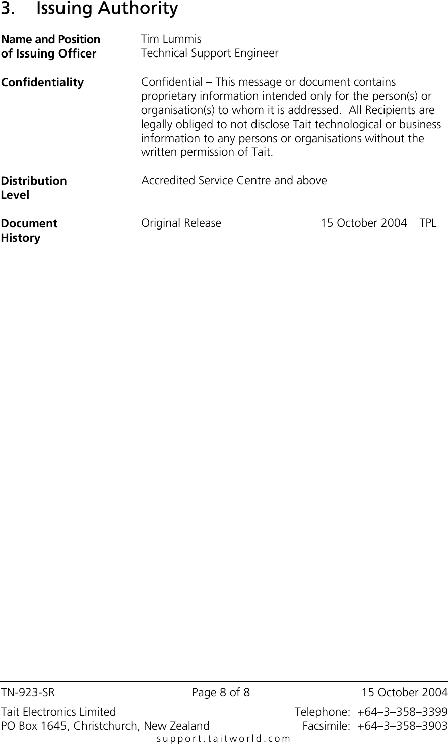 Page 8 of 8 - TN-823-SR_Orca_5000_Firmware_4_27_TOP_TPA_4_X_X TECHNOTE/TN-923-SR - Tait Orca 4030, 5035, 5040 Firmware Upgrade To 4.27 & TOP-TPA 4.0.1 TN-923-SR