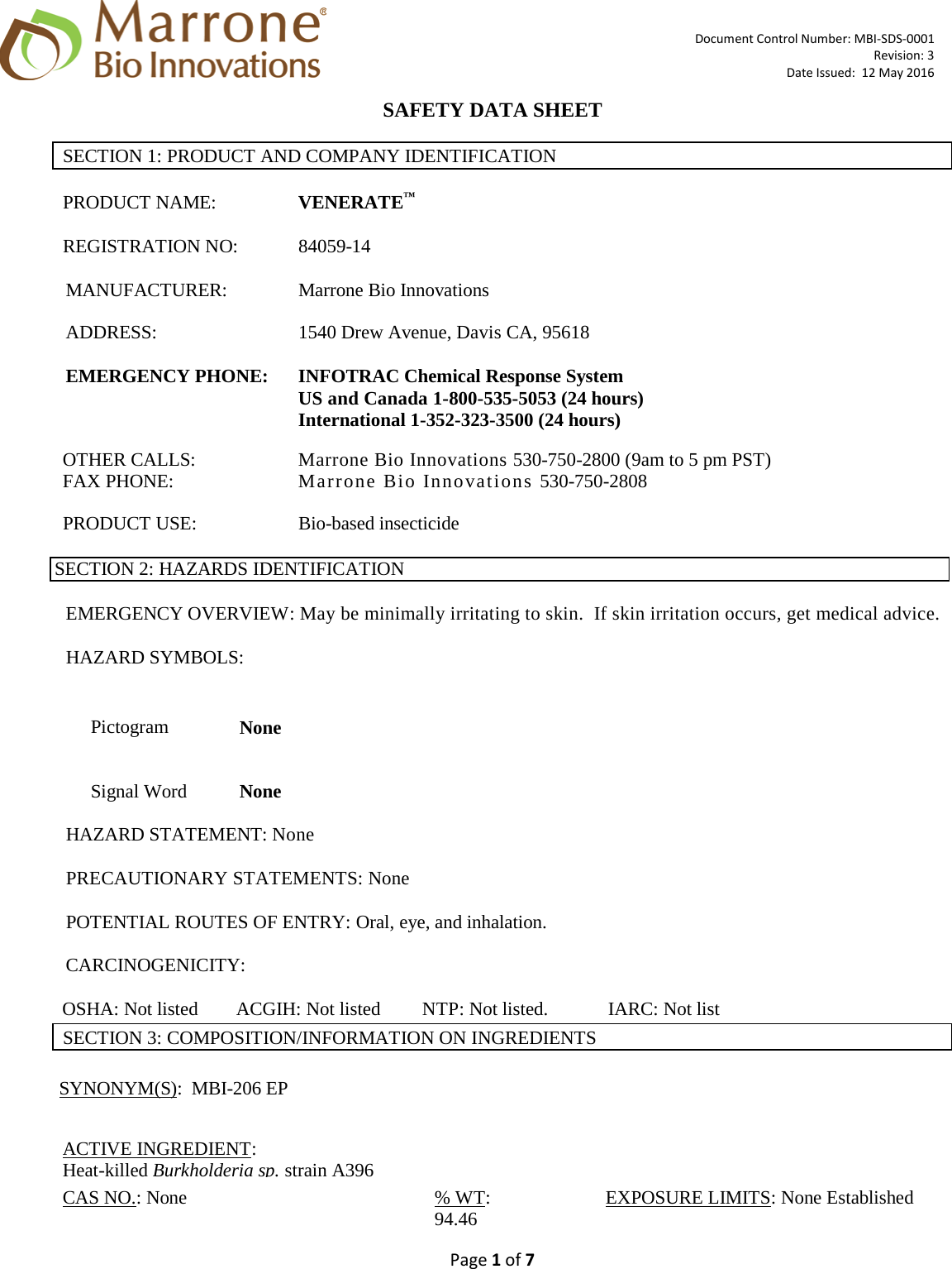 Page 1 of 7 - MATERIAL SAFETY DATA SHEET  OF X Venerate-XC SDS