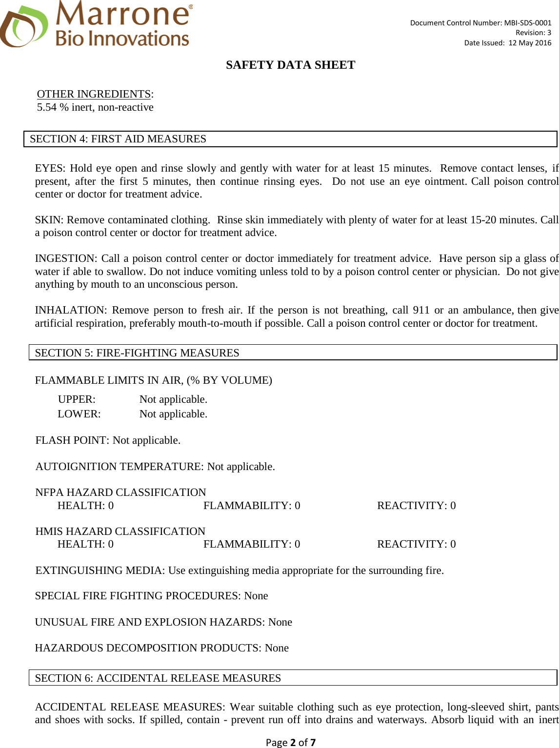 Page 2 of 7 - MATERIAL SAFETY DATA SHEET  OF X Venerate-XC SDS