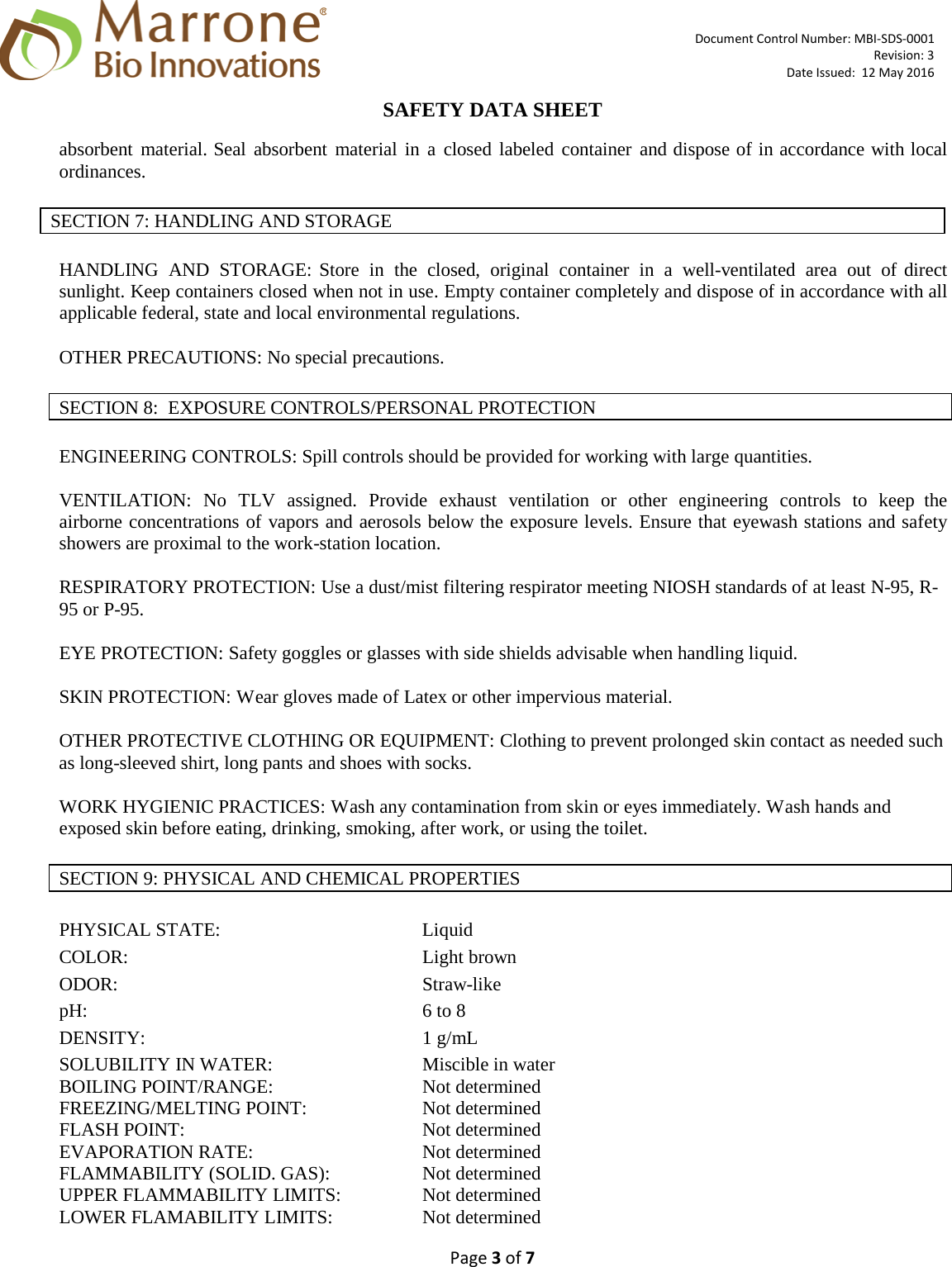 Page 3 of 7 - MATERIAL SAFETY DATA SHEET  OF X Venerate-XC SDS